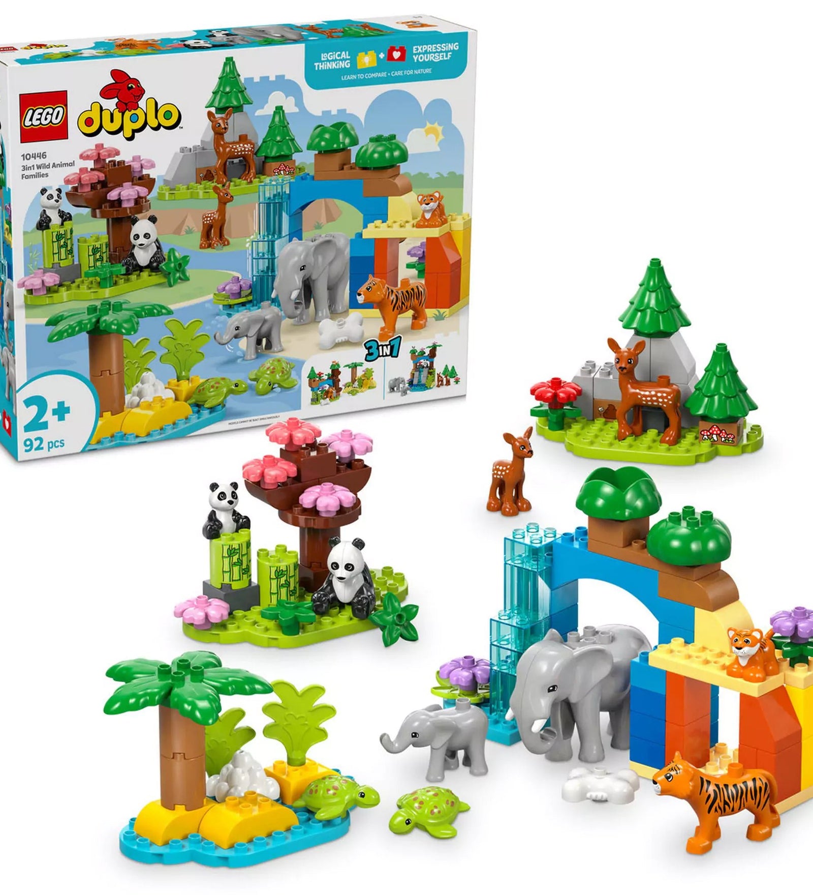 LEGO DUPLO Vadállatcsaládok 3 az 1-ben építőkészlet, amely különböző állatos jeleneteket mutat be: panda és őzgida az erdőben, elefántok a vízesésnél és teknősök a tengerparton, kreatív és tanulást segítő játéklehetőségekkel.