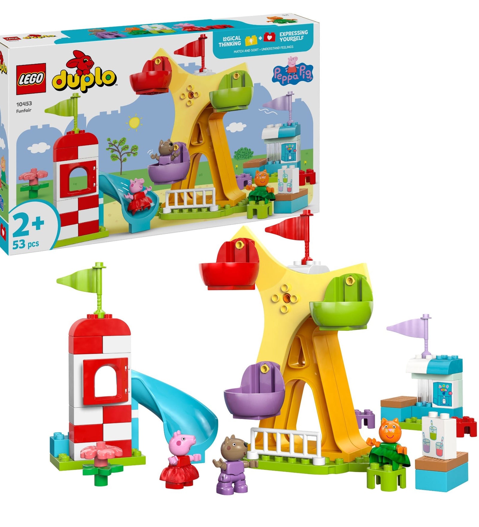 A LEGO DUPLO Peppa Malac Vidámpark (10453) doboza és az összeépített készlet, amely tartalmaz egy óriáskereket, csúszdát, valamint Peppa Malac, Candy Cat és Danny Dog figuráit.