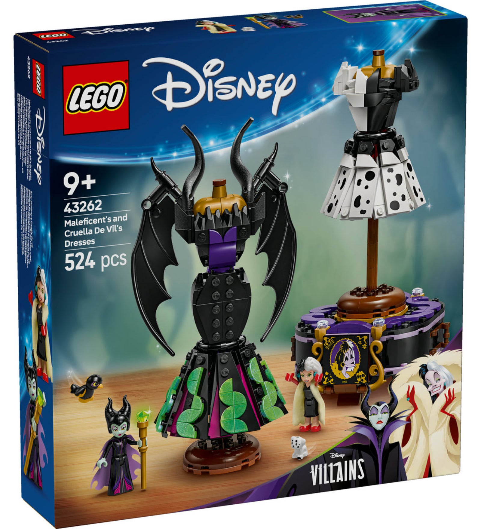 LEGO Disney 43262 - Maleficent és Cruella De Vil ruhái építőkészlet. A dobozon a két ikonikus Disney gonosztevő ruhái és minifigurái láthatók
