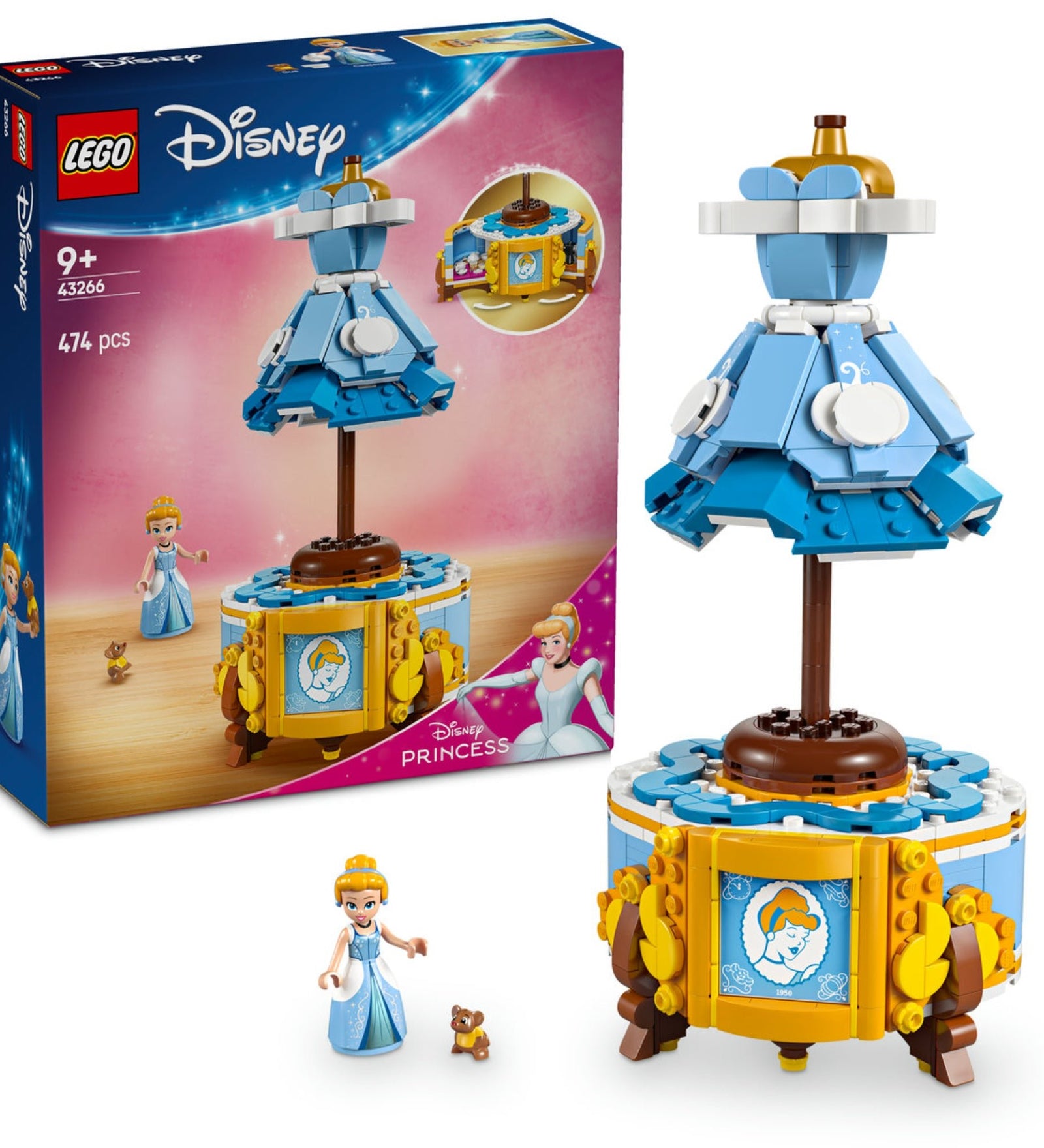 LEGO Disney 43266 Hamupipőke ruhája építőkészlet, amely tartalmaz egy kék ruhát bemutatóállványon, egy Hamupipőke minifigurát és egy kisállatot.