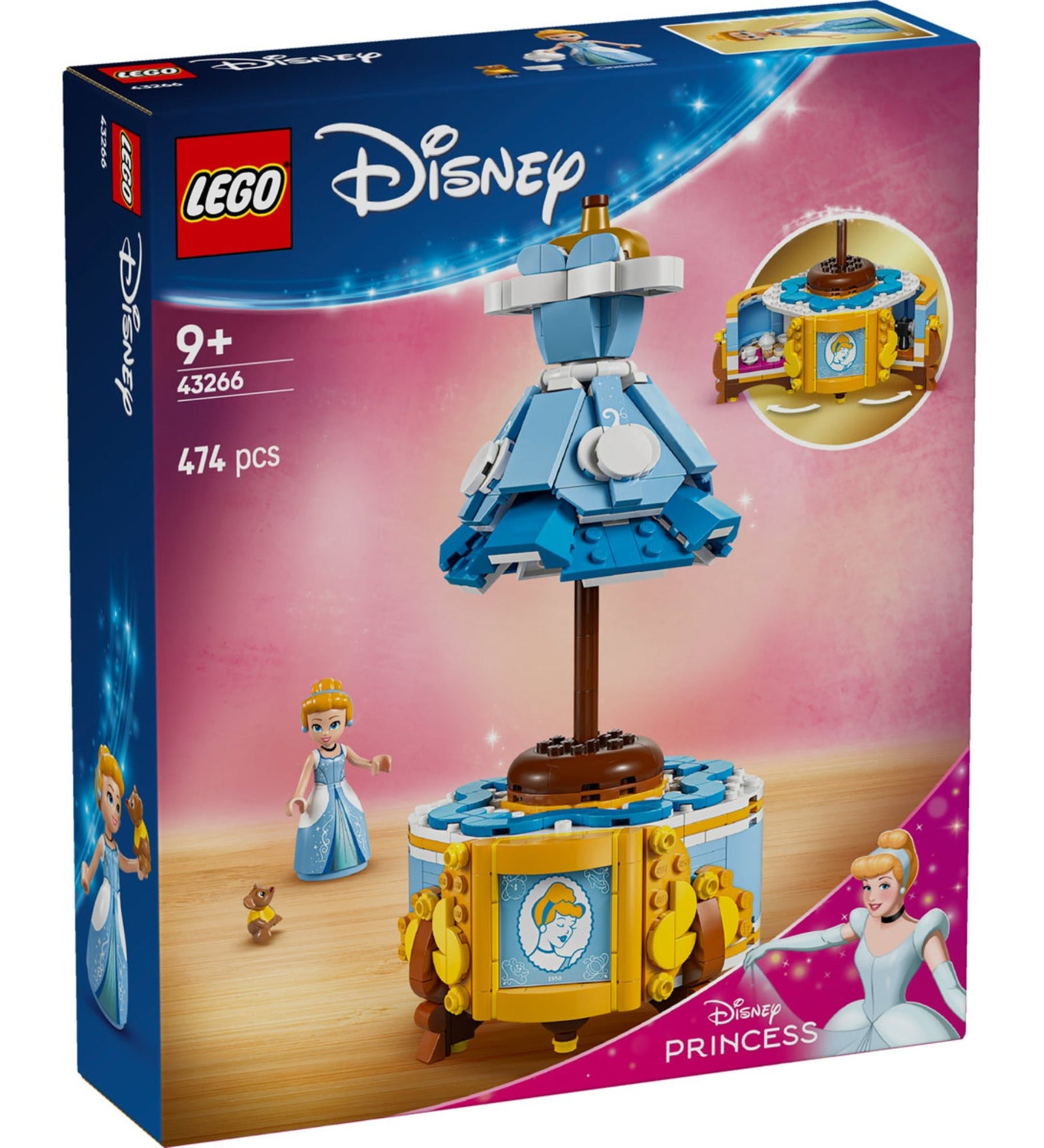 LEGO Disney 43266 Hamupipőke ruhája építőkészlet doboza, amely tartalmaz egy kék ruhát állványon, Hamupipőke minifigurát és egy kisállatot.