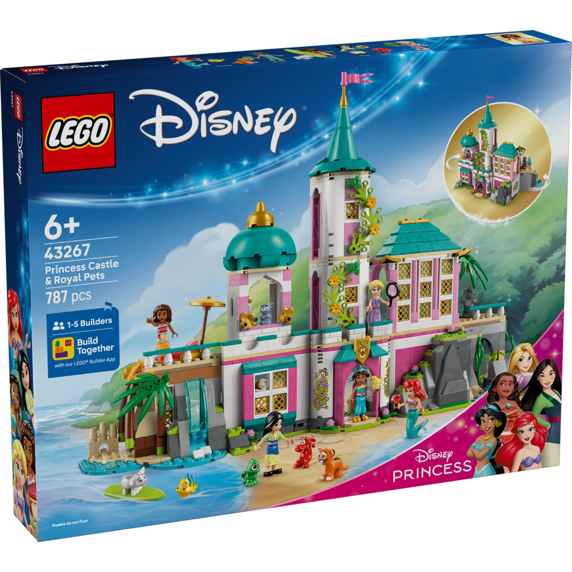 LEGO Disney Princess Castle & Royal Pets (43267) dobozkép előlnézet – A díszdobozon a kastély, a hercegnők és a tengerparti környezet.