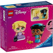 LEGO Disney Mini Jázmin és Aranyhaj (43303) doboz hátoldala, a figurák játékfunkcióival