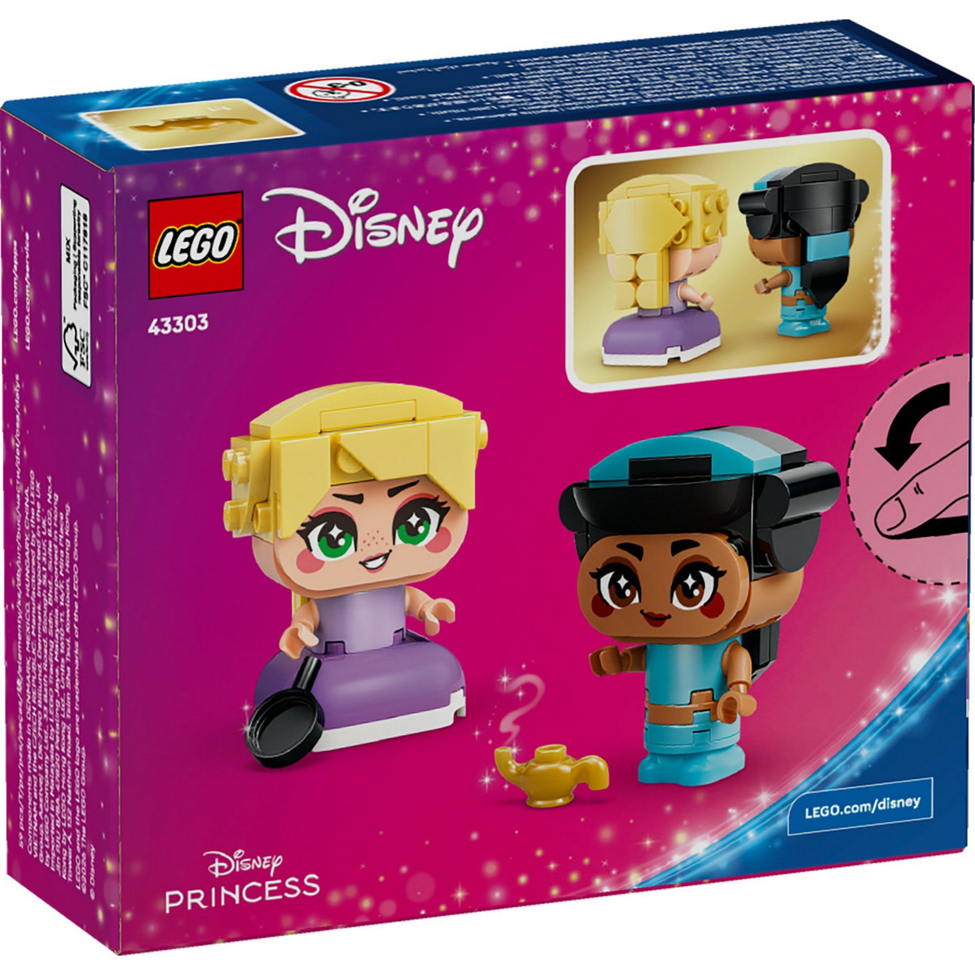 LEGO Disney Mini Jázmin és Aranyhaj (43303) doboz hátoldala, a figurák játékfunkcióival