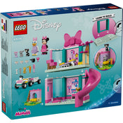 A LEGO Disney 43274 Minnie kisállat szállója doboz hátoldala, részletes építési utasításokkal, Minnie és Daisy figuráival, valamint a szálló belső tereivel és kiegészítőkkel.