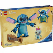 LEGO Disney Stitch és Scrump (43296) készlet hátoldali dobozképe, amely bemutatja a mozgatható füleket, a levehető hawaii szoknyát, Scrump figurát és az ukulele kiegészítőt.