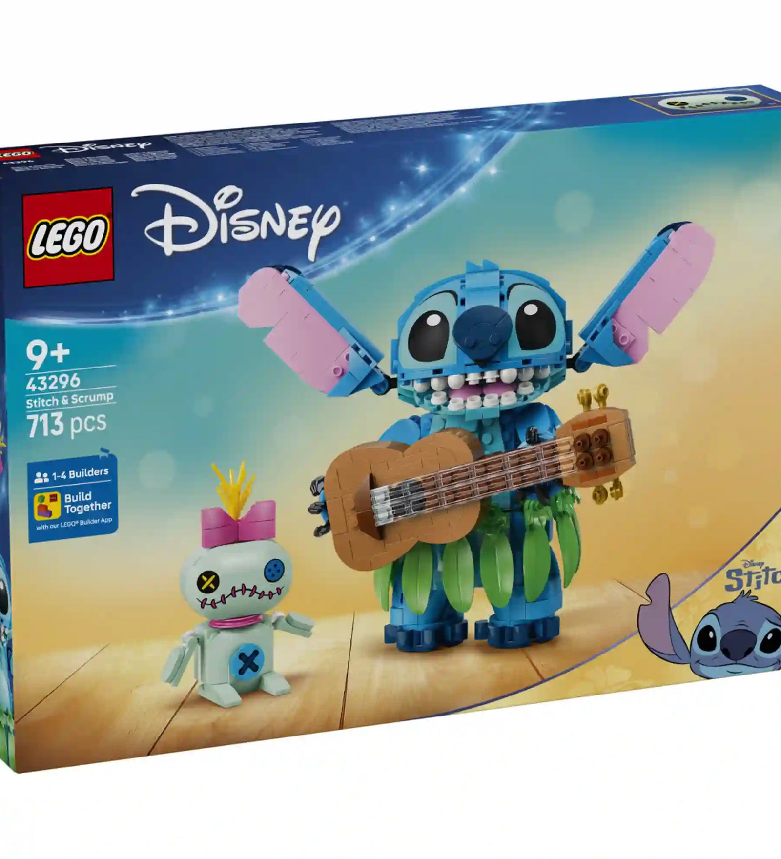 LEGO Disney Stitch és Scrump (43296) elölnézeti dobozképe, Stitch ukulelés figurájával és Scrump karakterrel a borítón.