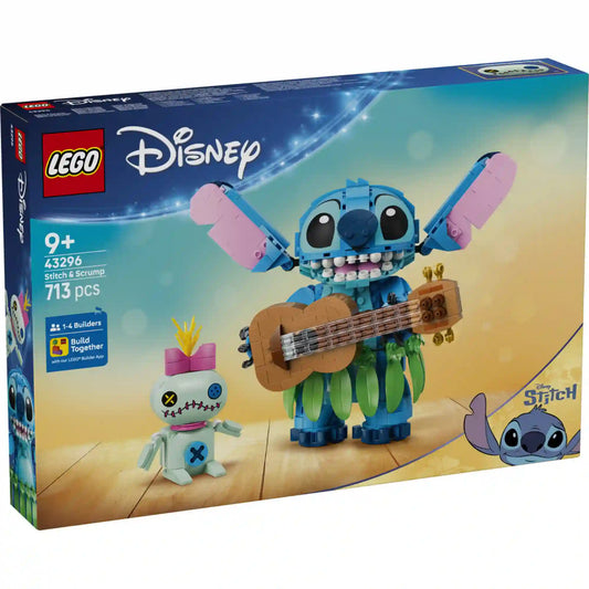 LEGO Disney Stitch és Scrump (43296) elölnézeti dobozképe, Stitch ukulelés figurájával és Scrump karakterrel a borítón.