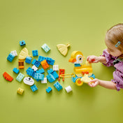 Egy kislány építi a LEGO DUPLO 3 az 1-ben guruló állatok kacsáját, miközben narancssárga, világoskék és fehér építőkockák hevernek szétszórva egy zöld felületen. A gyermek épp a kacsa szárnyát helyezi fel.