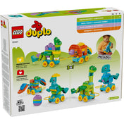 A LEGO DUPLO 10451 készlet dobozának hátoldala: különböző kombinációkban megépíthető dínók háromféle változatban, valamint egy kisgyermek játszik az egyik guruló dínóval.