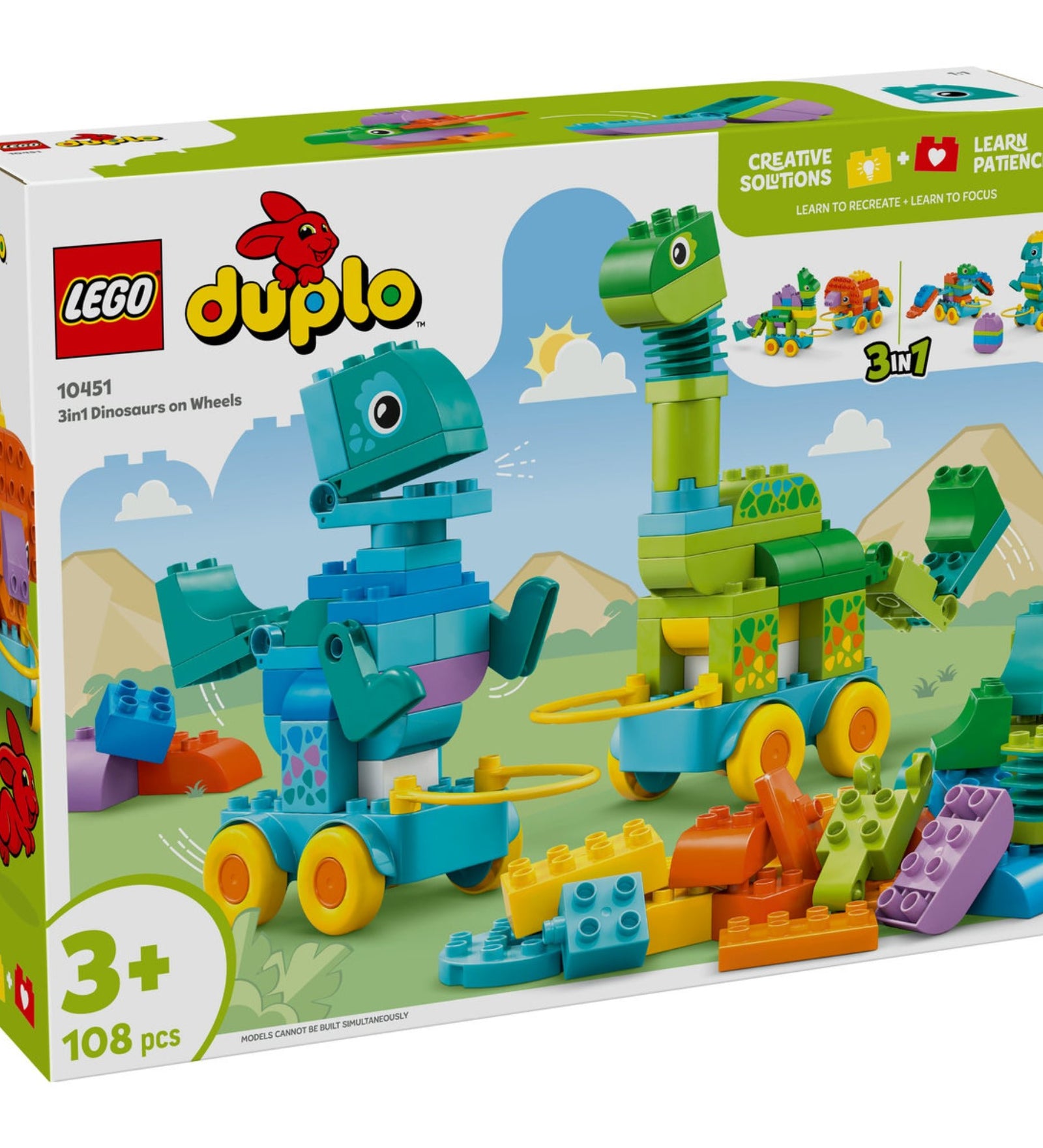 A LEGO DUPLO 10451 doboza, rajta két összerakott, vidám dínó kerekeken, színes elemekkel és 3 az 1-ben modellezési lehetőséggel; bal alsó sarokban a 3+ korosztály és 108 darabos készletjelzés.