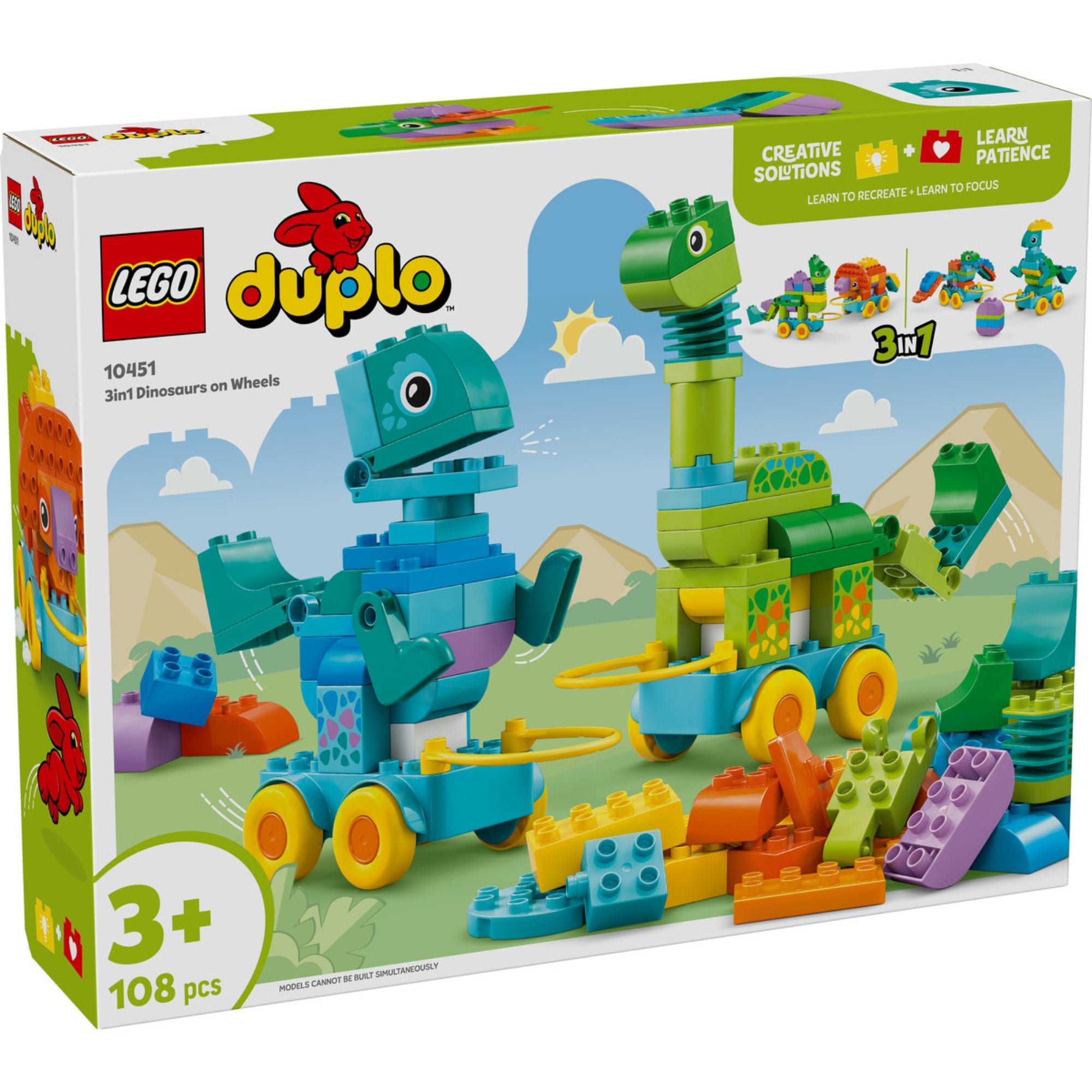 A LEGO DUPLO 10451 doboza, rajta két összerakott, vidám dínó kerekeken, színes elemekkel és 3 az 1-ben modellezési lehetőséggel; bal alsó sarokban a 3+ korosztály és 108 darabos készletjelzés.