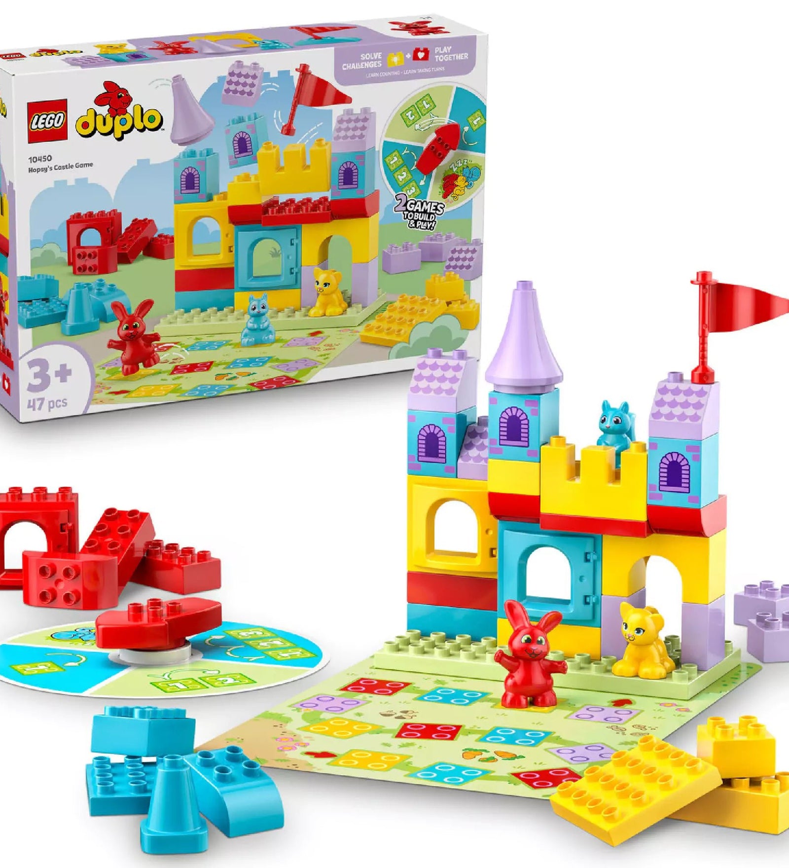 LEGO DUPLO Hopsy’s Castle Game (10450) doboz és megépített szett, színes várépülettel, játékfigurákkal, forgótárcsával és játéktáblával 3 éves kortól.