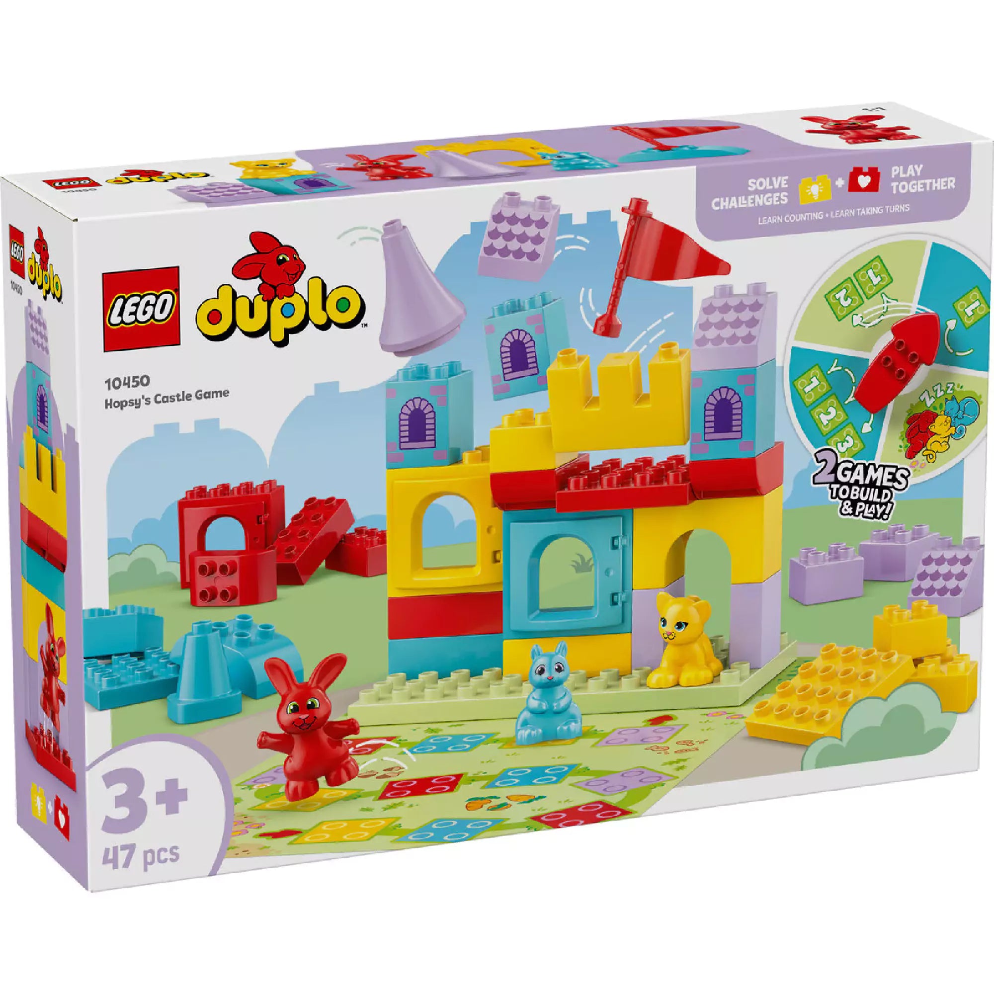 LEGO DUPLO Hopsy’s Castle Game (10450) doboz színes grafikával, játéktáblával és építőelemekkel, valamint a „2 játék egy szettben” felirattal.