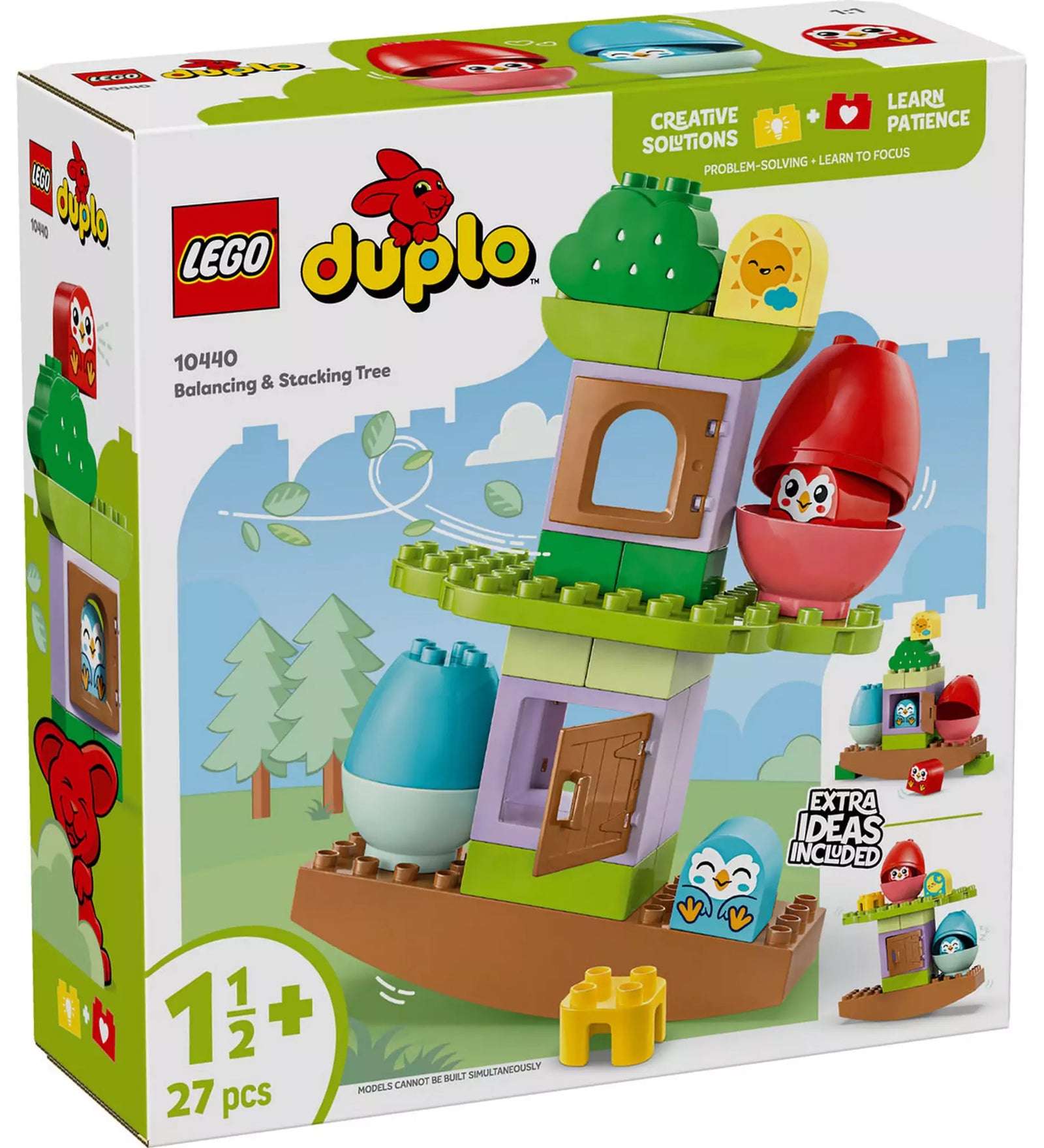 LEGO® DUPLO® Mérlegfa (10440) szett dobozképe színes, kreatív építőelemekkel és baglyos díszítésekkel.