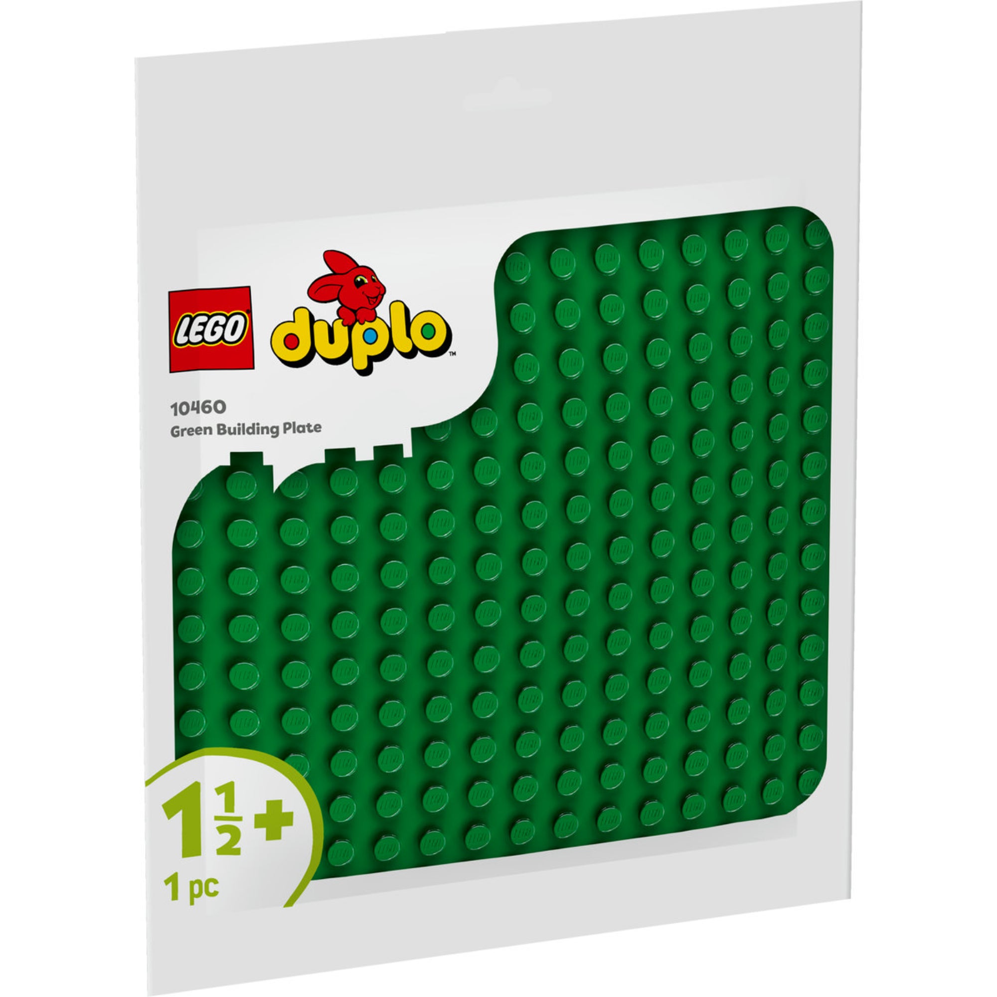 A LEGO DUPLO 10460 zöld építőlap fehér színű csomagolása, amelyen jól látható a kerekített sarkú alaplap textúrája és a DUPLO logó.