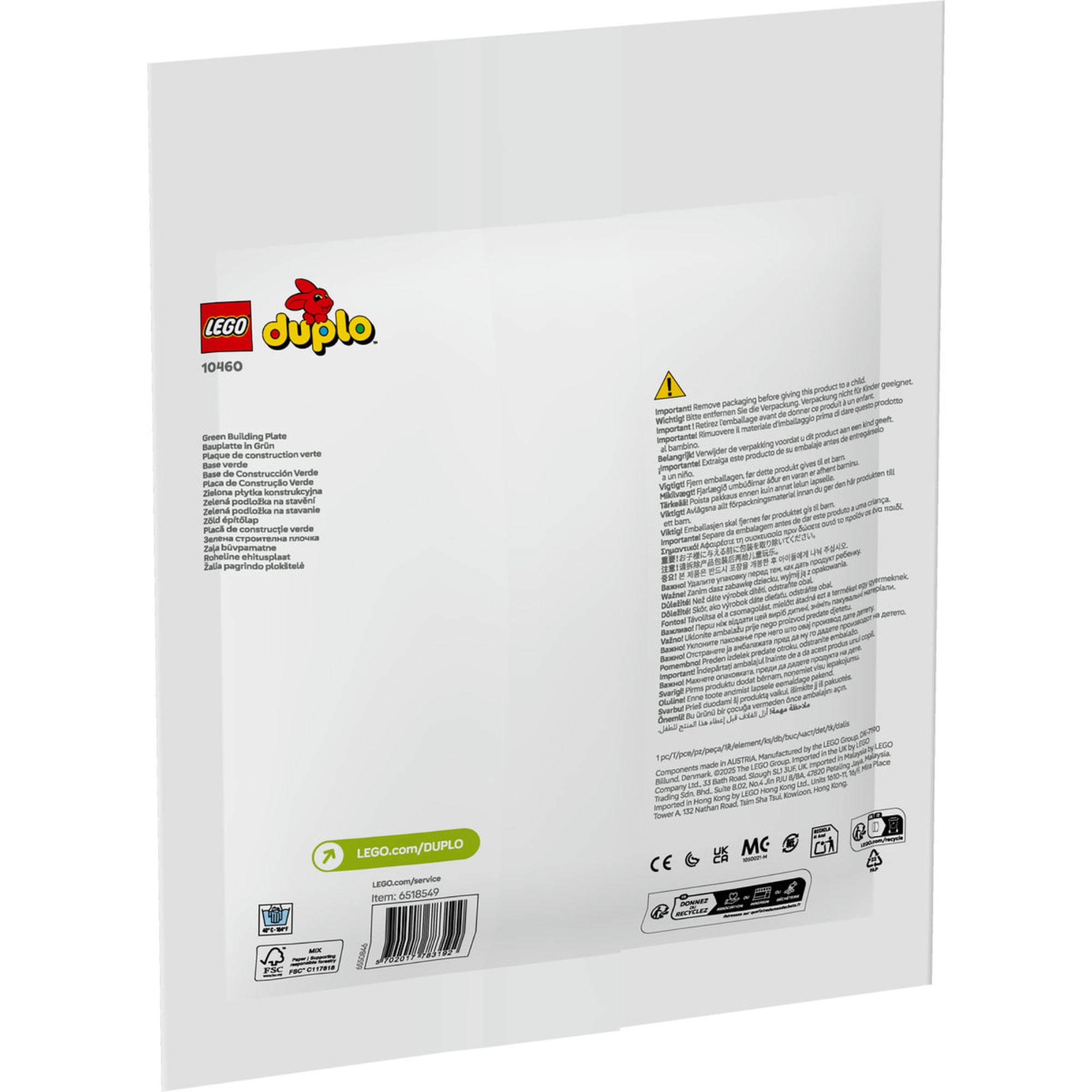 A LEGO DUPLO 10460 zöld építőlap csomagolásának hátoldala, többnyelvű információkkal, biztonsági figyelmeztetésekkel és termékazonosító adatokkal.