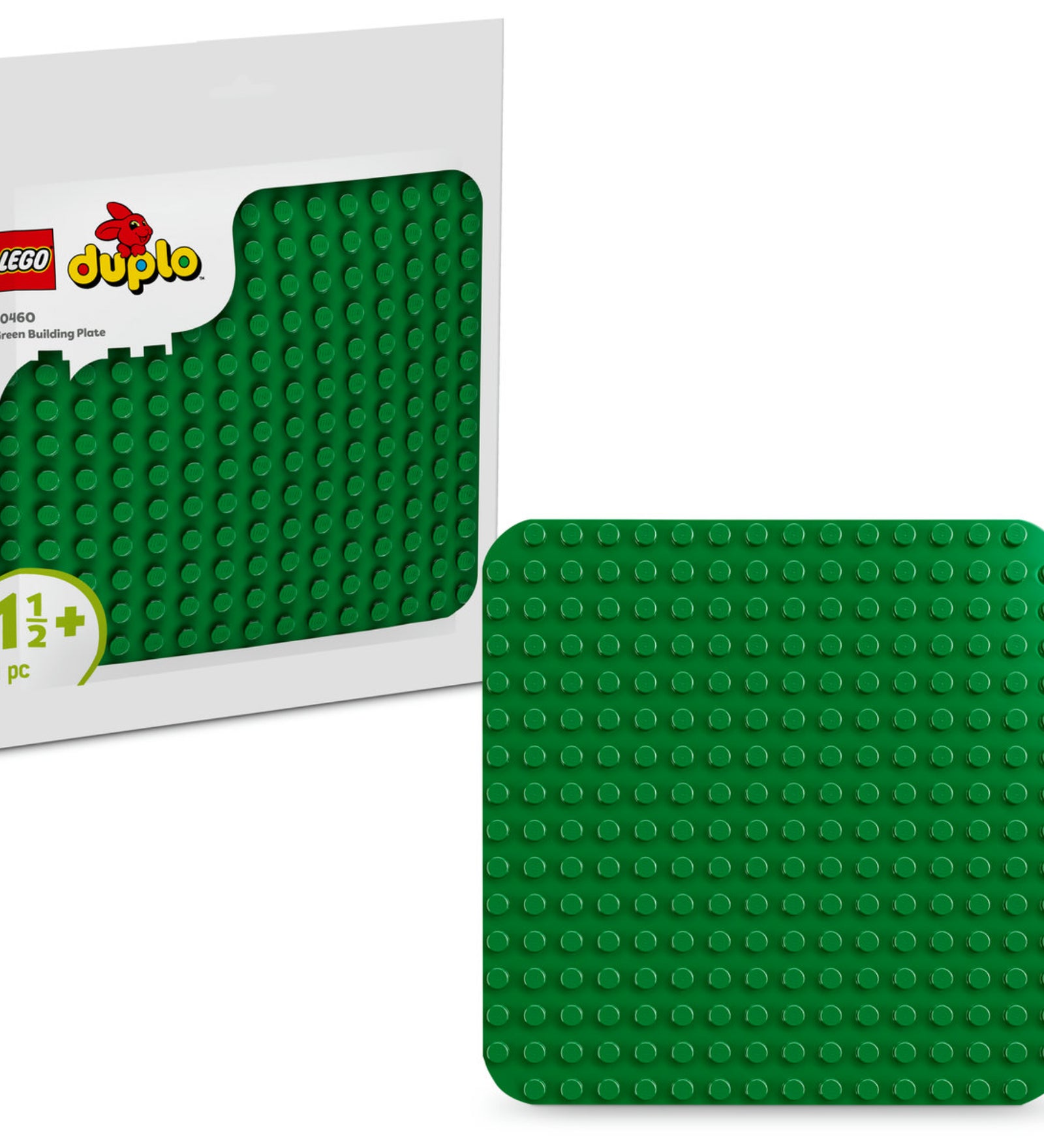 A LEGO DUPLO 10460 zöld építőlap csomagolásban és mellette külön is megjelenítve, a dobozon jól látható a 1,5+ korosztály és az 1 darabos készletjelzés.