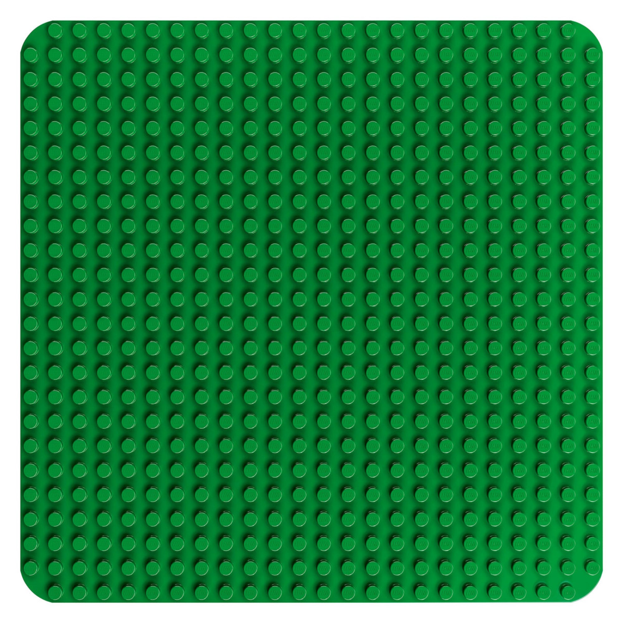 A LEGO DUPLO 10460 zöld építőlap négyzet alakban, lekerekített sarkokkal és szabályos tüskesorokkal, fehér háttér előtt.