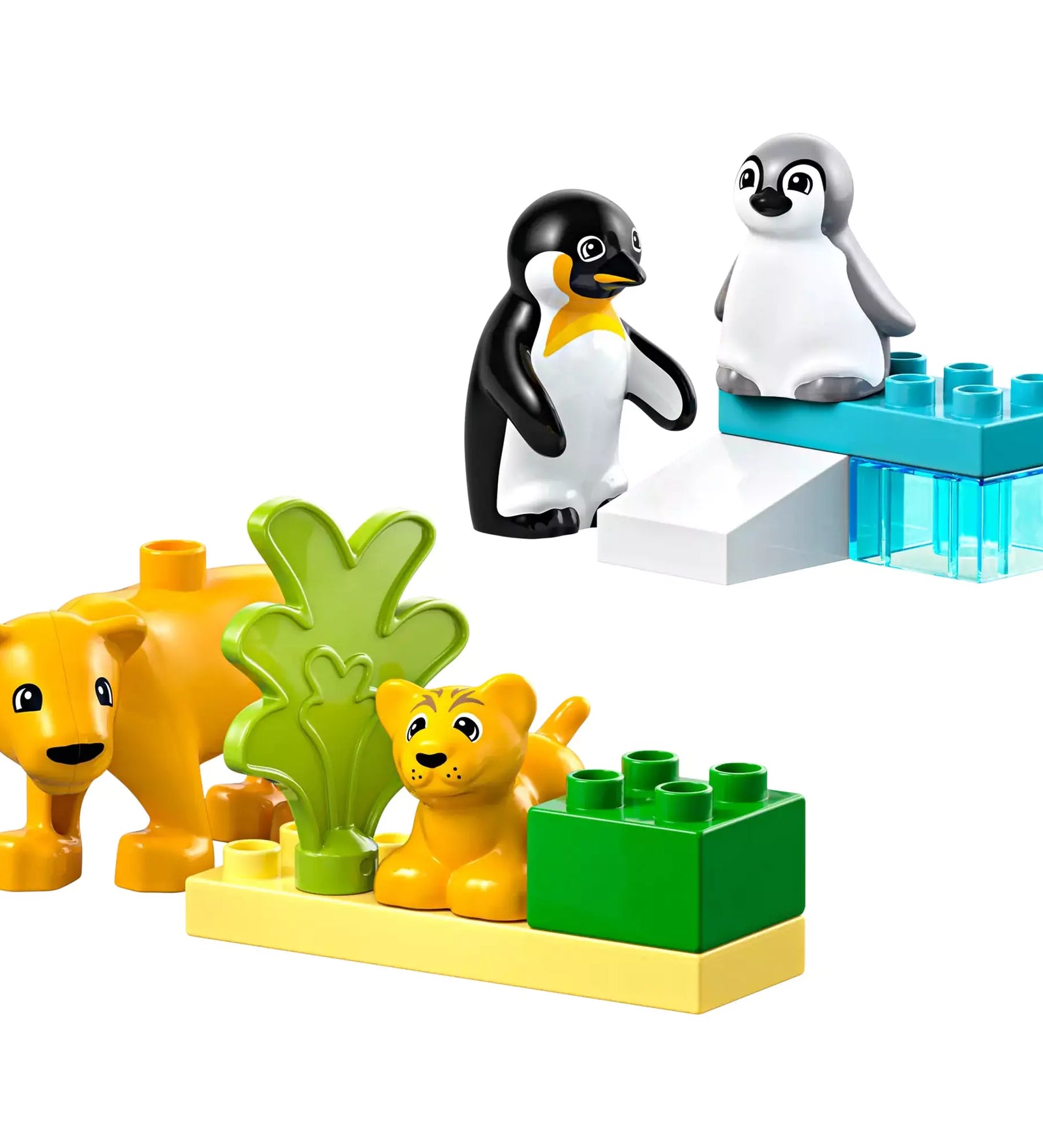 Épített jelenet részlet LEGO Duplo Állatcsaládok a vadvilágban (10442): Oroszlánok a füves élőhelyükön, míg a pingvinek a jégcsúszdát használják.
