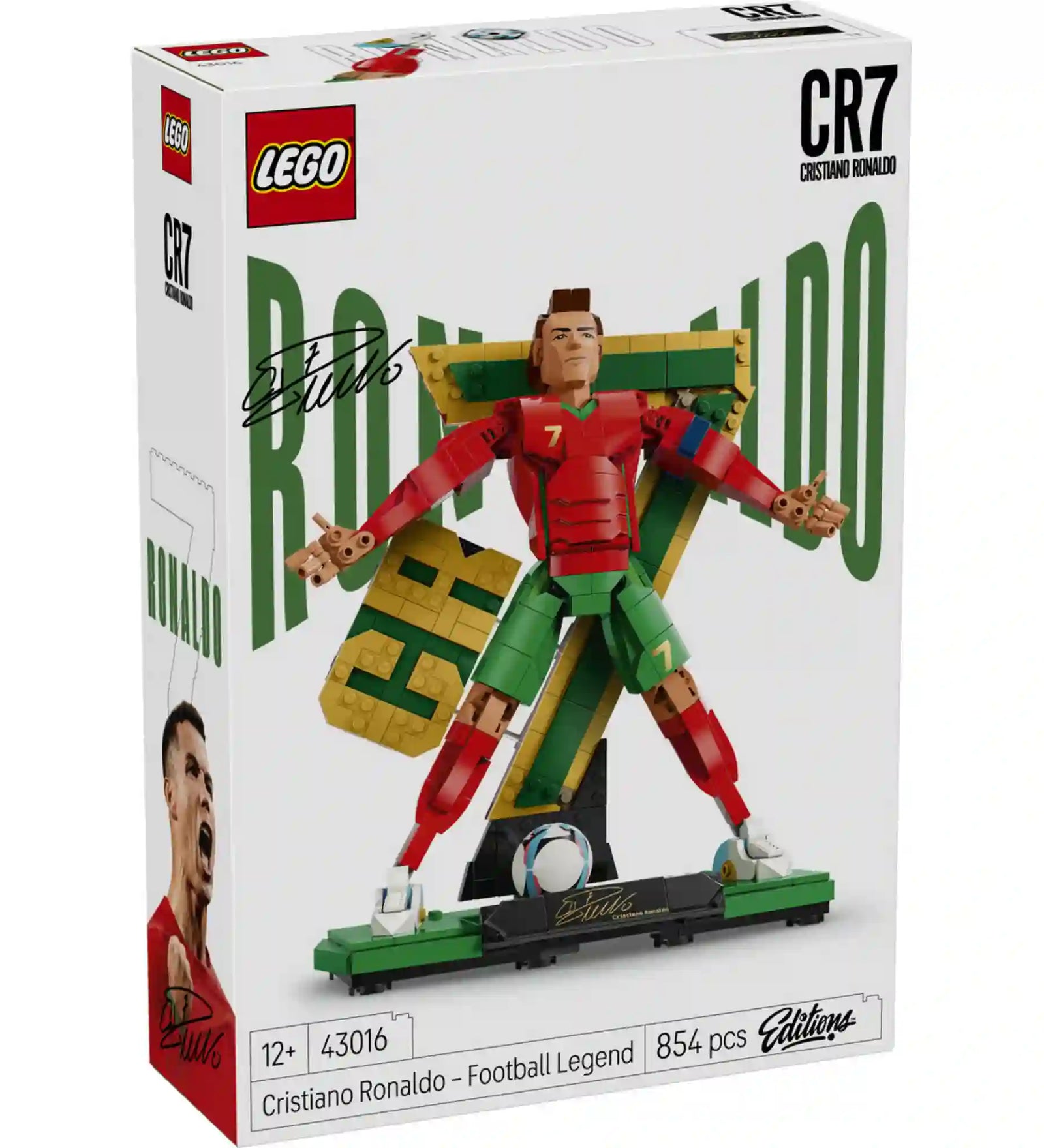 LEGO Editions Cristiano Ronaldo – Futball-legenda 43016, 854 darabos készlet doboza, Cristiano Ronaldo grafikával és termékinformációkkal.