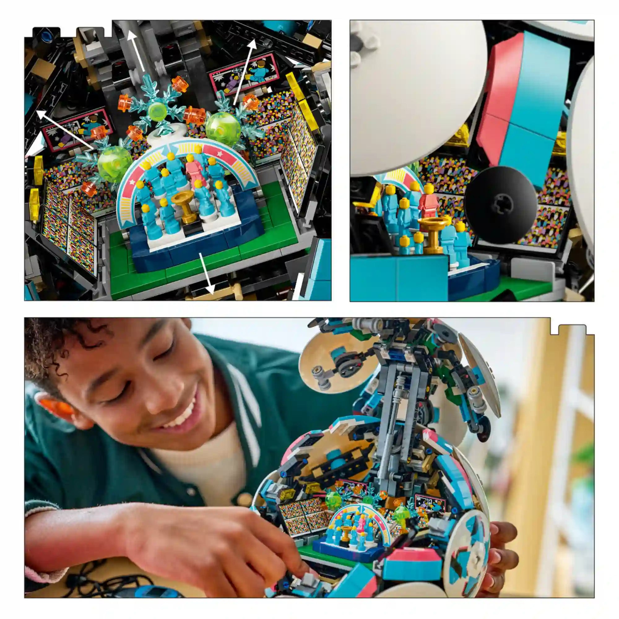 LEGO Football (43019) készlet részletképe a focilabda belsejéről, amely a stadion lelátóit, a trófeát és a pályát bemutató rejtett jelenetet emeli ki.