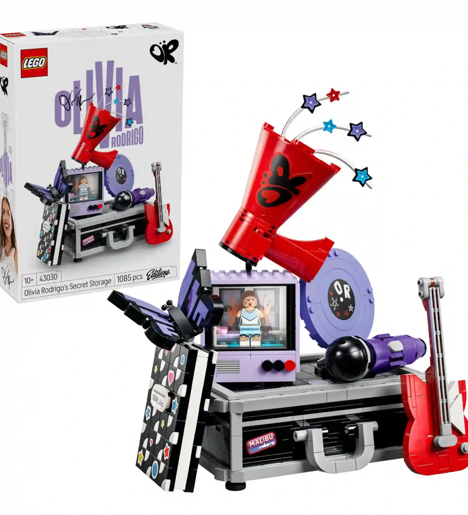 LEGO Editions: Olivia Rodrigo titkos tárolója 43030 készlet csomagolása és a megépíthető zenei témájú modell.