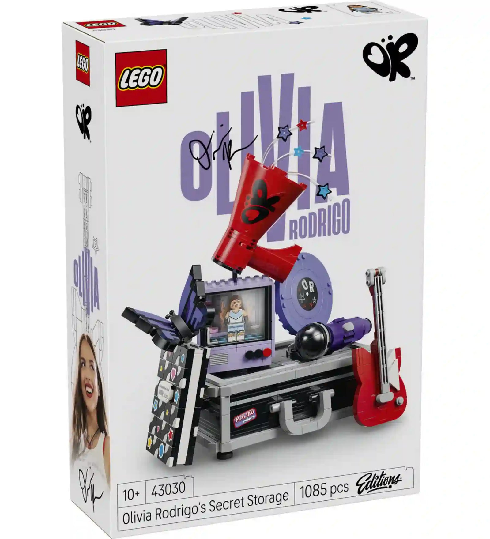 LEGO Editions: Olivia Rodrigo titkos tárolója 43030 készlet doboza a gitárral, mikrofonnal és lemezjátszóval.