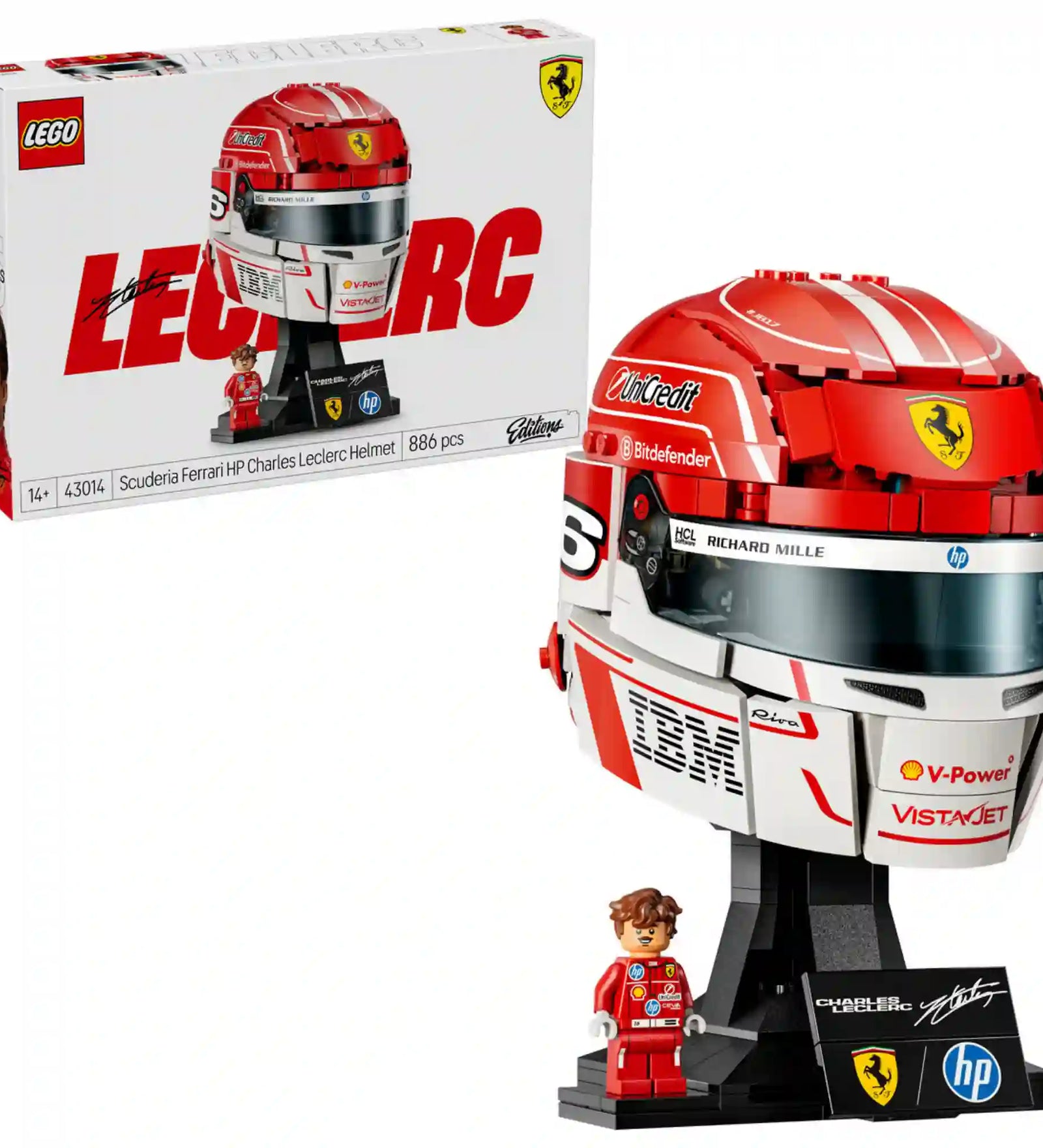 LEGO Editions Scuderia Ferrari HP Charles Leclerc sisakja 43014, 886 darabos készlet doboza és megépített sisakmodell együtt.