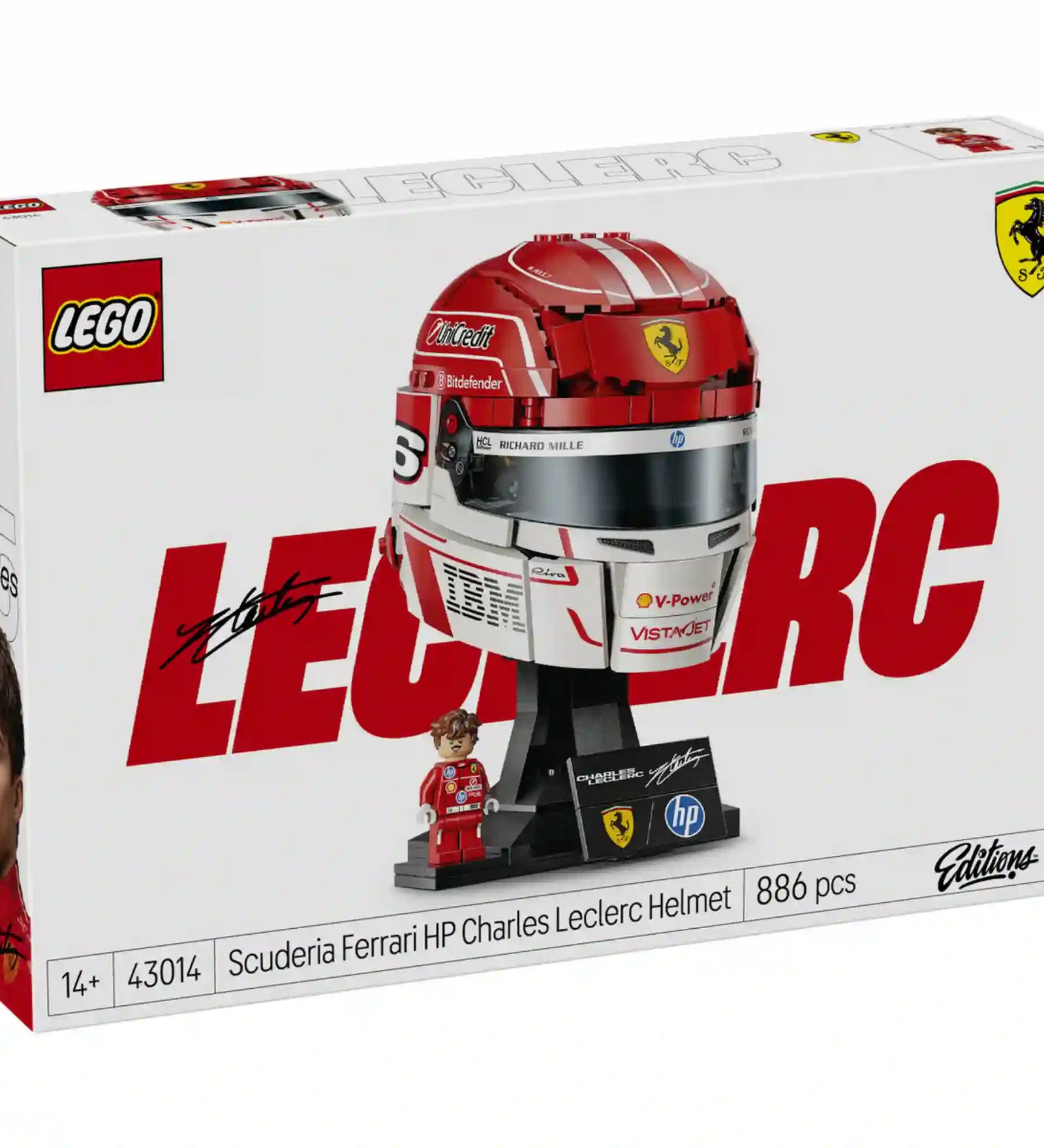 LEGO Editions Scuderia Ferrari HP Charles Leclerc sisakja 43014, 886 darabos készlet doboza, látványos Ferrari grafikával.