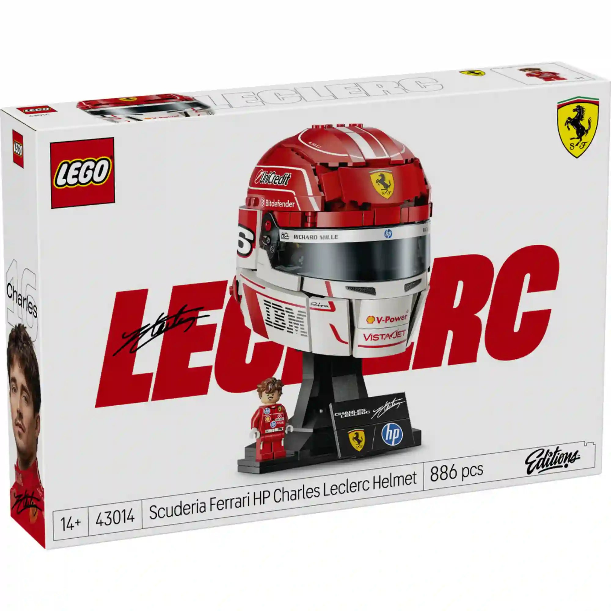 LEGO Editions Scuderia Ferrari HP Charles Leclerc sisakja 43014, 886 darabos készlet doboza, látványos Ferrari grafikával.