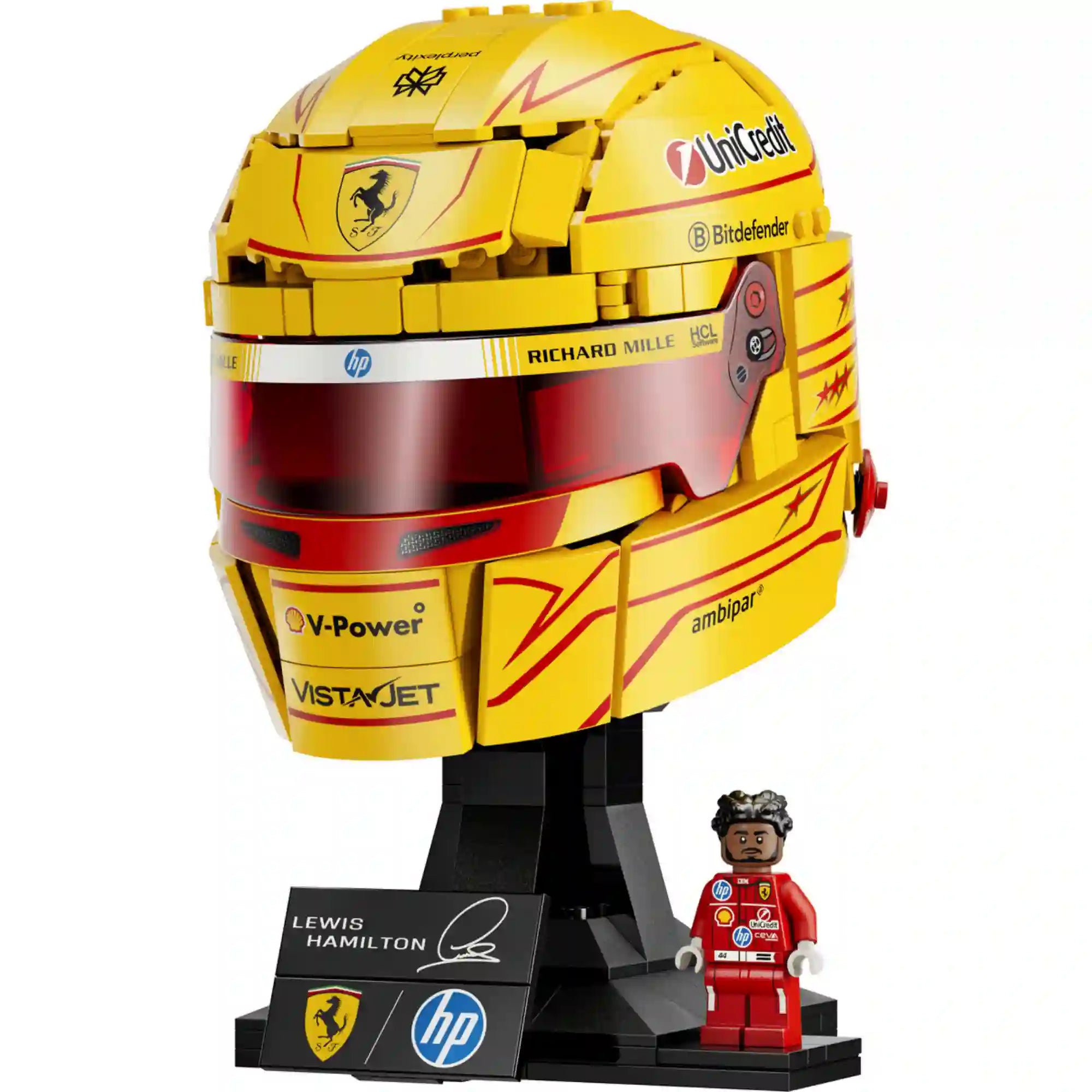 LEGO Editions Scuderia Ferrari HP Lewis Hamilton sisakja 43022, 884 darabos készlet teljes modellje talapzaton, minifigurával.