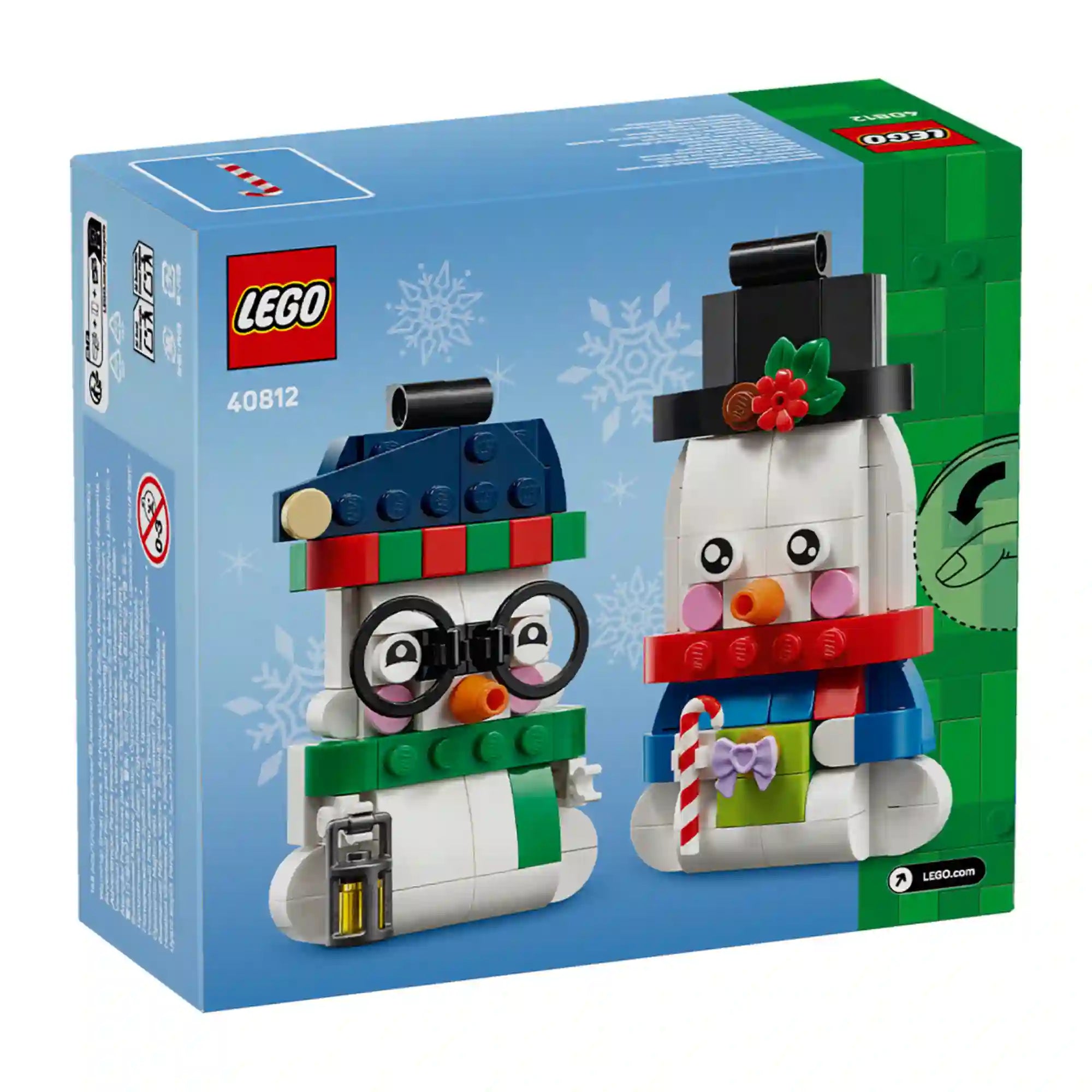 LEGO 40812 Hóember díszek – A készlet dobozának hátoldala, rajta a két elkészíthető hóember karácsonyi dísz.