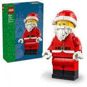 LEGO 40820 Nagy méretű Mikulás minifigura – Megépített LEGO Mikulás figura piros ruhában, mellette a készlet doboza.