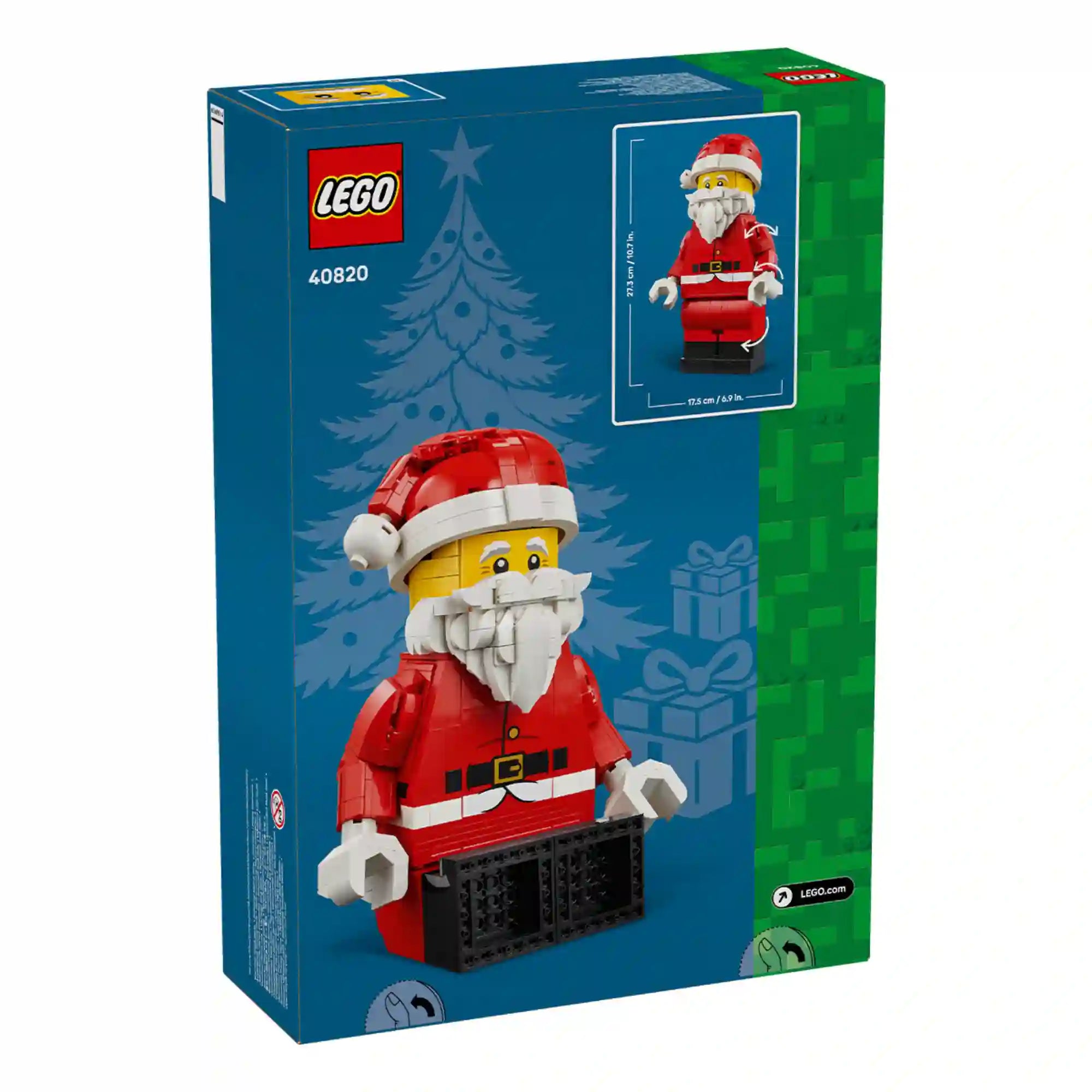 LEGO 40820 Nagy méretű Mikulás minifigura – A készlet dobozának hátoldala a mozgatható Mikulás figurával és méreteivel.