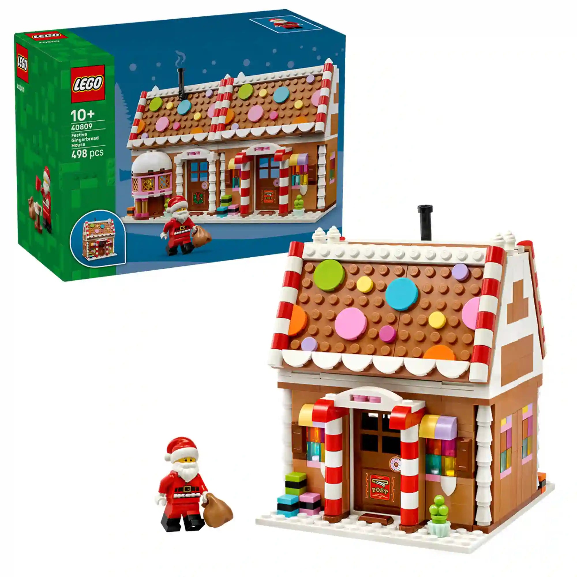 LEGO 40809 Ünnepi mézeskalács ház – A képen a megépített, színes édességekkel díszített mézeskalács ház, a Mikulás minifigura és a készlet doboza látható fehér háttér előtt.