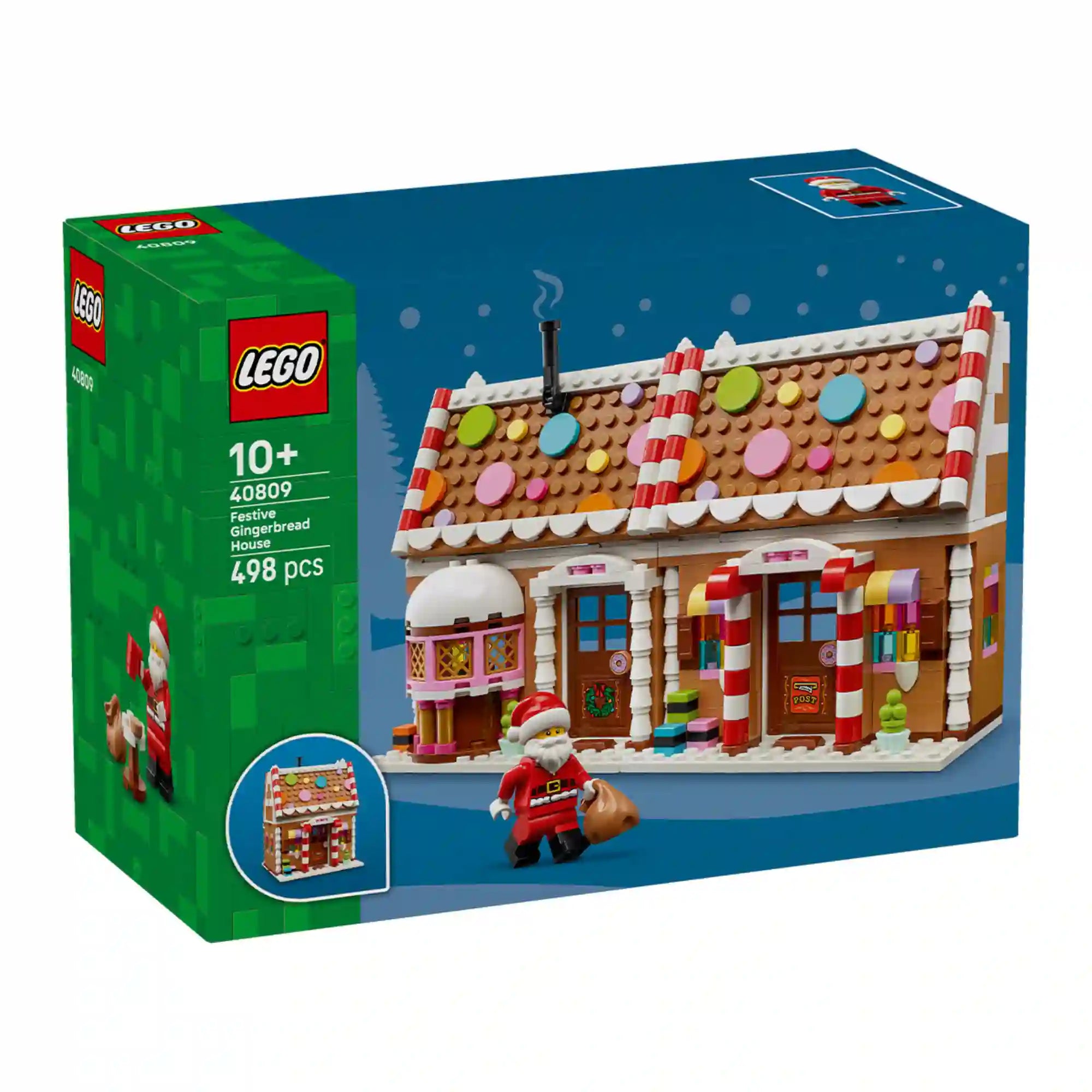 LEGO 40809 Ünnepi mézeskalács ház – A készlet dobozának eleje látható, rajta a havas, színes cukorkákkal díszített mézeskalács házzal és a Mikulás figurával.