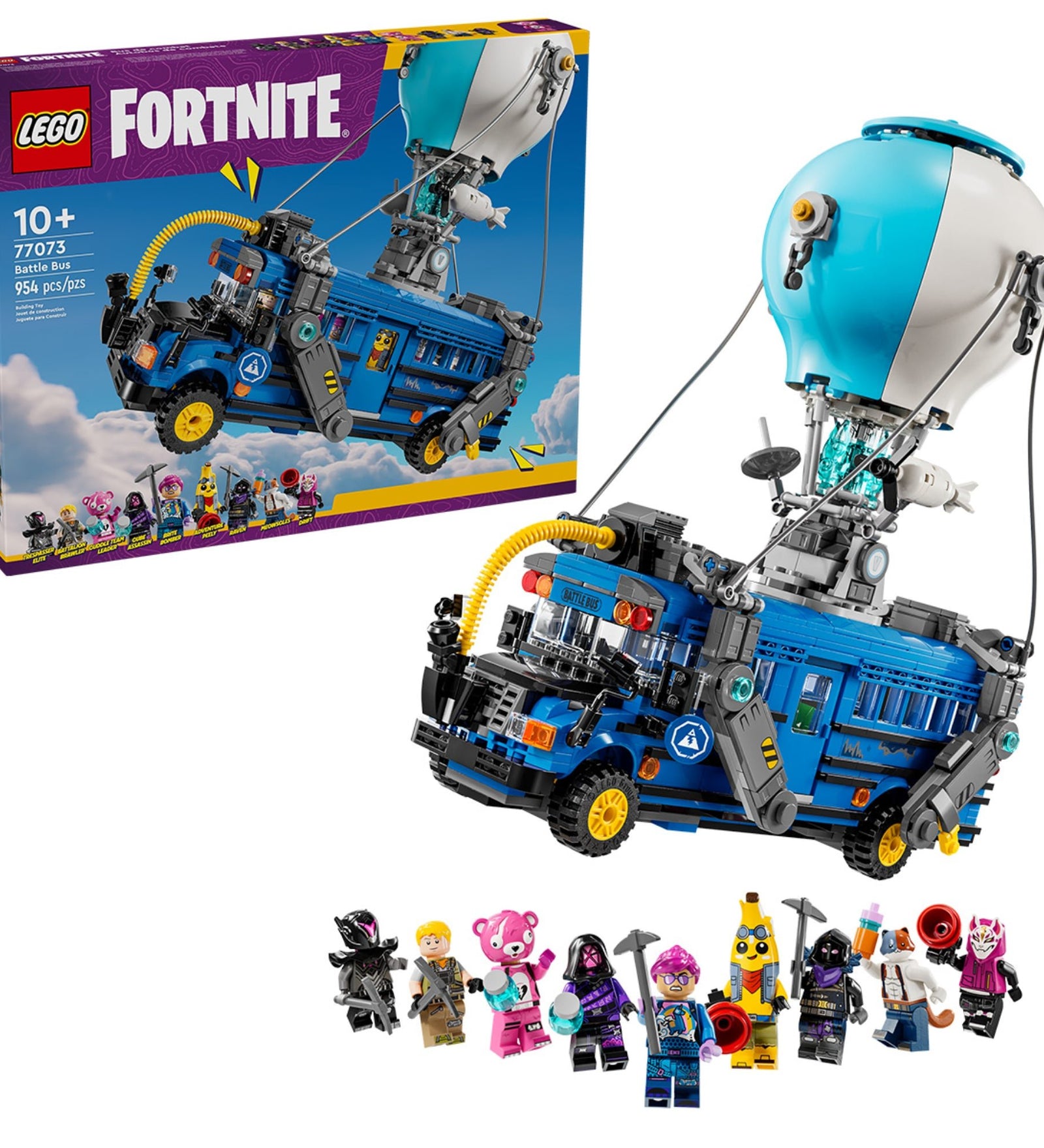 A LEGO Fortnite Battle Bus (77073) doboza és a megépített harci busz látható egymás mellett. A részletesen kidolgozott modell ballonja felett egy világoskék gömb lebeg, a busz elején pedig sárga légcső és díszítőelemek emelik ki a Fortnite hangulatot. A kép alján a nyolc karakterfigura külön is megjelenik.