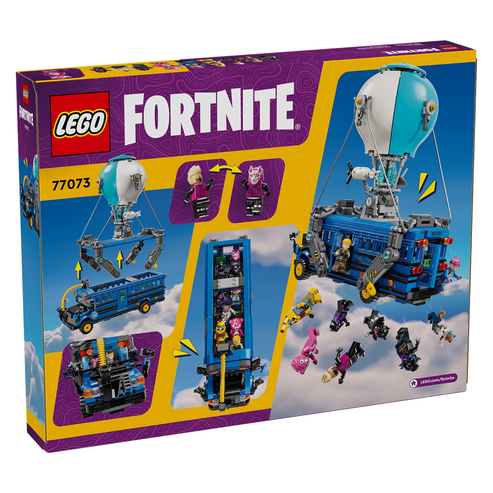 A LEGO Fortnite Battle Bus (77073) készlet dobozának hátoldala látható, amely a legendás Fortnite harci busz részletes funkcióit mutatja be. A képeken látszik a levegőbe emelkedő busz, a lecsatlakoztatható ballon, a nyitható oldalpanel és a figurák belső elhelyezése. Két minifigura – Jonesy és Cuddle Team Leader – fejcserés funkcióval is bemutatásra kerül.