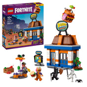 LEGO Fortnite Durrr Burger étterem (77076) doboz és a megépített készlet, figurákkal, rendelőautomatával és a híres hamburger logóval.