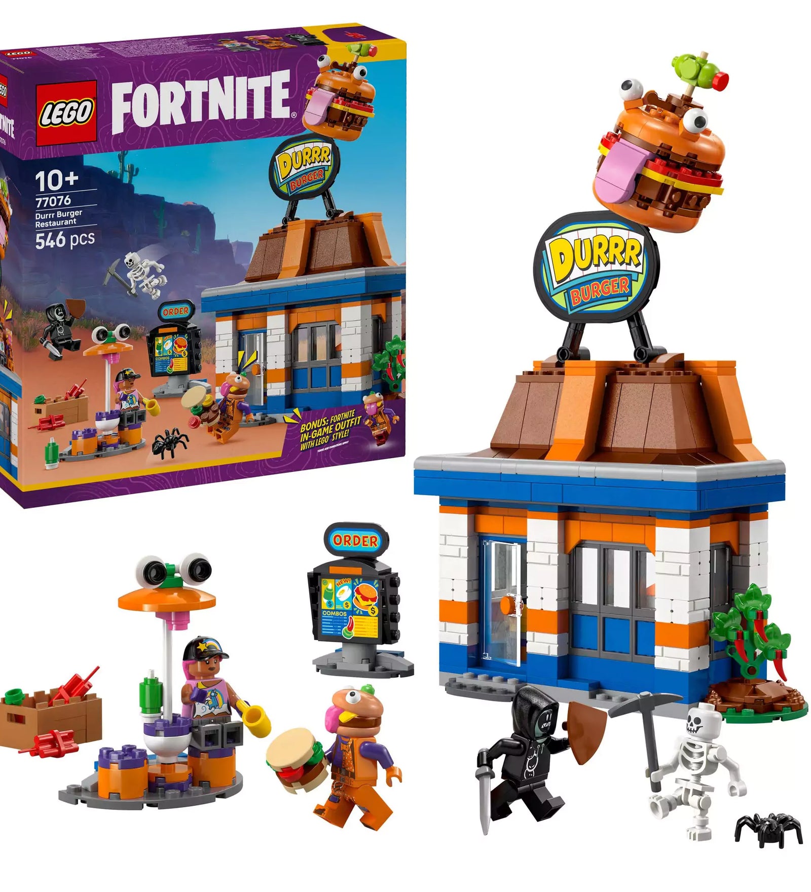 LEGO Fortnite Durrr Burger étterem (77076) doboz és a megépített készlet, figurákkal, rendelőautomatával és a híres hamburger logóval.