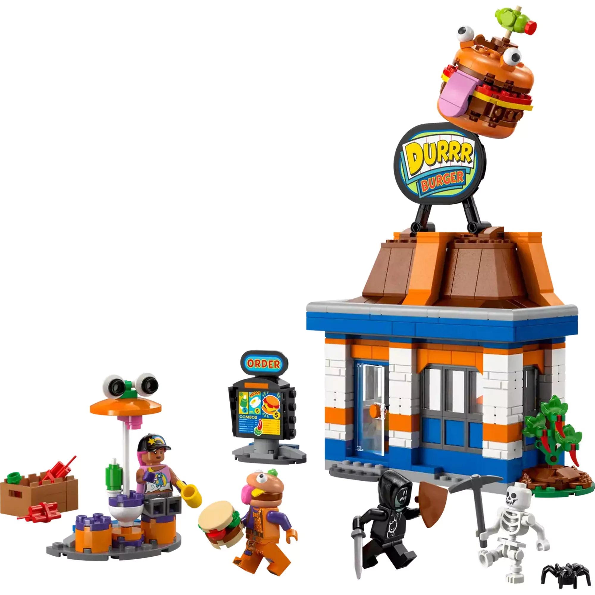 LEGO Fortnite Durrr Burger étterem (77076) teljes készlet, az étterem épületével, figurákkal, kiegészítőkkel és a tetőn lévő hatalmas hamburger logóval.