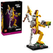 A LEGO Fortnite Peely Bone (77072) készlet doboza és a megépített figura látható. A banán és csontváz elemekből álló karakter dinamikus pózban áll, egyik kezében banánt tart, a másikban pedig egy futurisztikus fegyvert. A fekete talapzaton a „Fortnite Peely Bone” névtábla olvasható.
