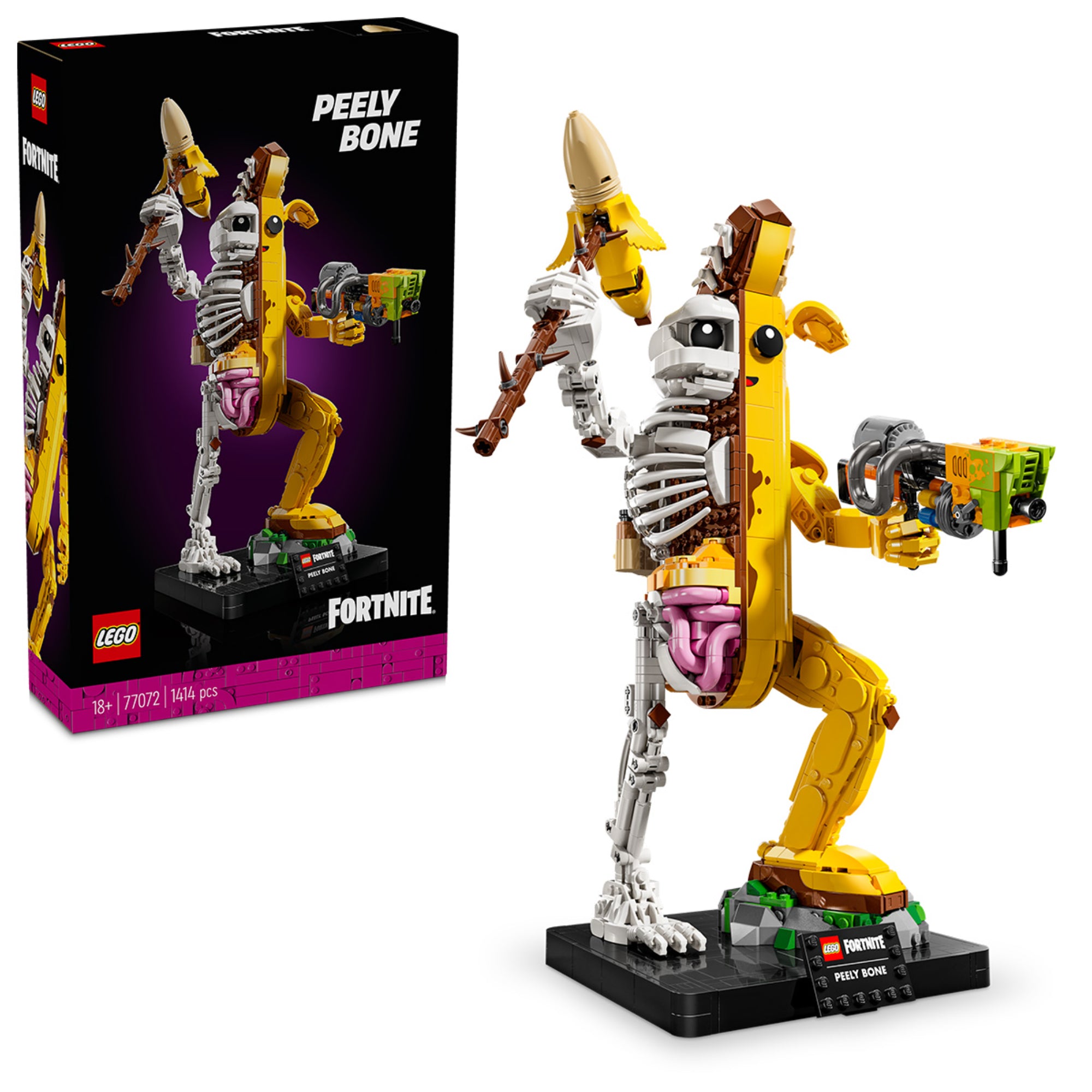 A LEGO Fortnite Peely Bone (77072) készlet doboza és a megépített figura látható. A banán és csontváz elemekből álló karakter dinamikus pózban áll, egyik kezében banánt tart, a másikban pedig egy futurisztikus fegyvert. A fekete talapzaton a „Fortnite Peely Bone” névtábla olvasható.