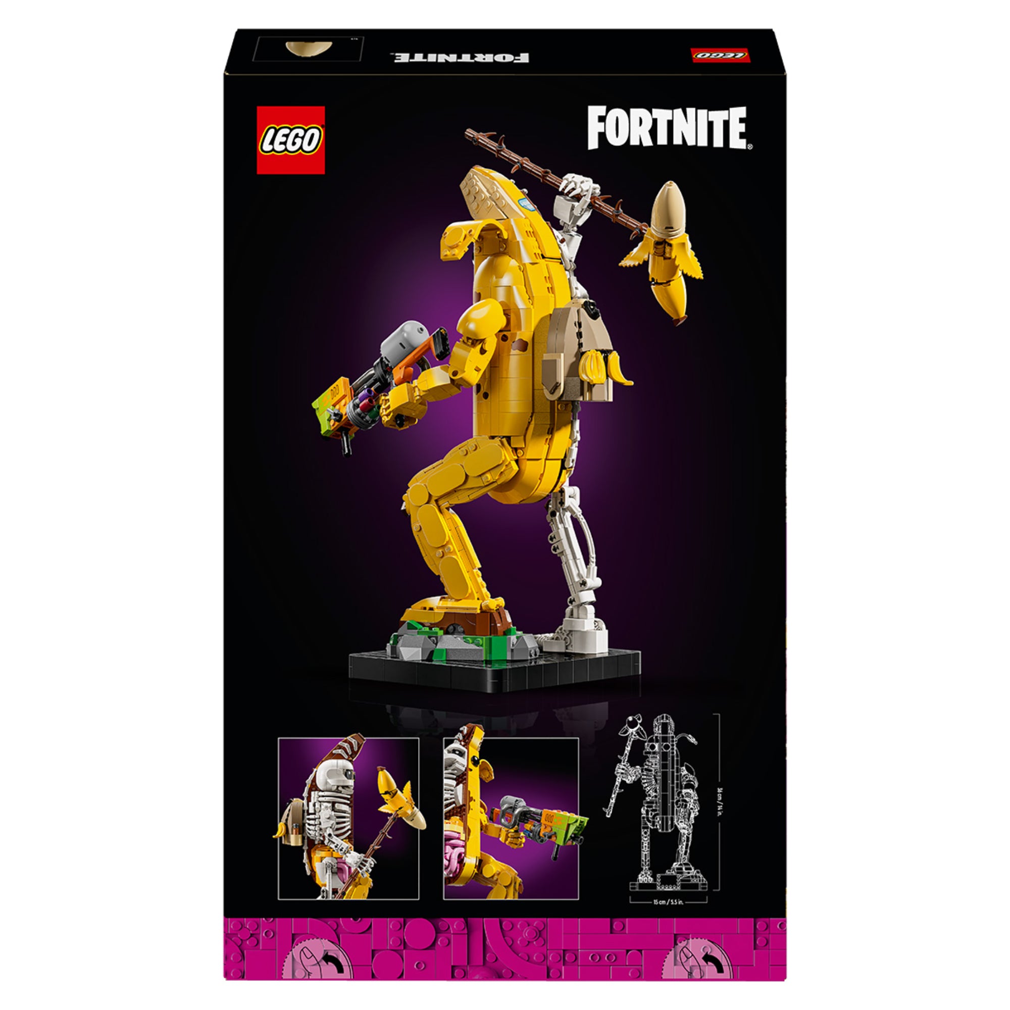 A LEGO Fortnite Peely Bone (77072) készlet dobozának hátoldala látható. A hátsó nézet bemutatja a figura részletes szerkezetét, hátizsákját és a banán motívumú fejét. Az alsó részen kisebb képeken közelről is láthatók a fegyver és a test belső elemei, valamint a figura méretei is feltüntetve vannak.