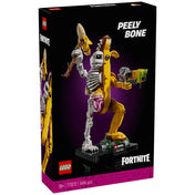 A LEGO Fortnite Peely Bone (77072) készlet doboza elölről látható, rajta a részletesen kidolgozott Peely Bone figura pózol lilás-fekete háttér előtt. A doboz alján a LEGO és Fortnite logó, valamint az életkor-ajánlás (18+) és a darabszám (1414 elem) szerepel.