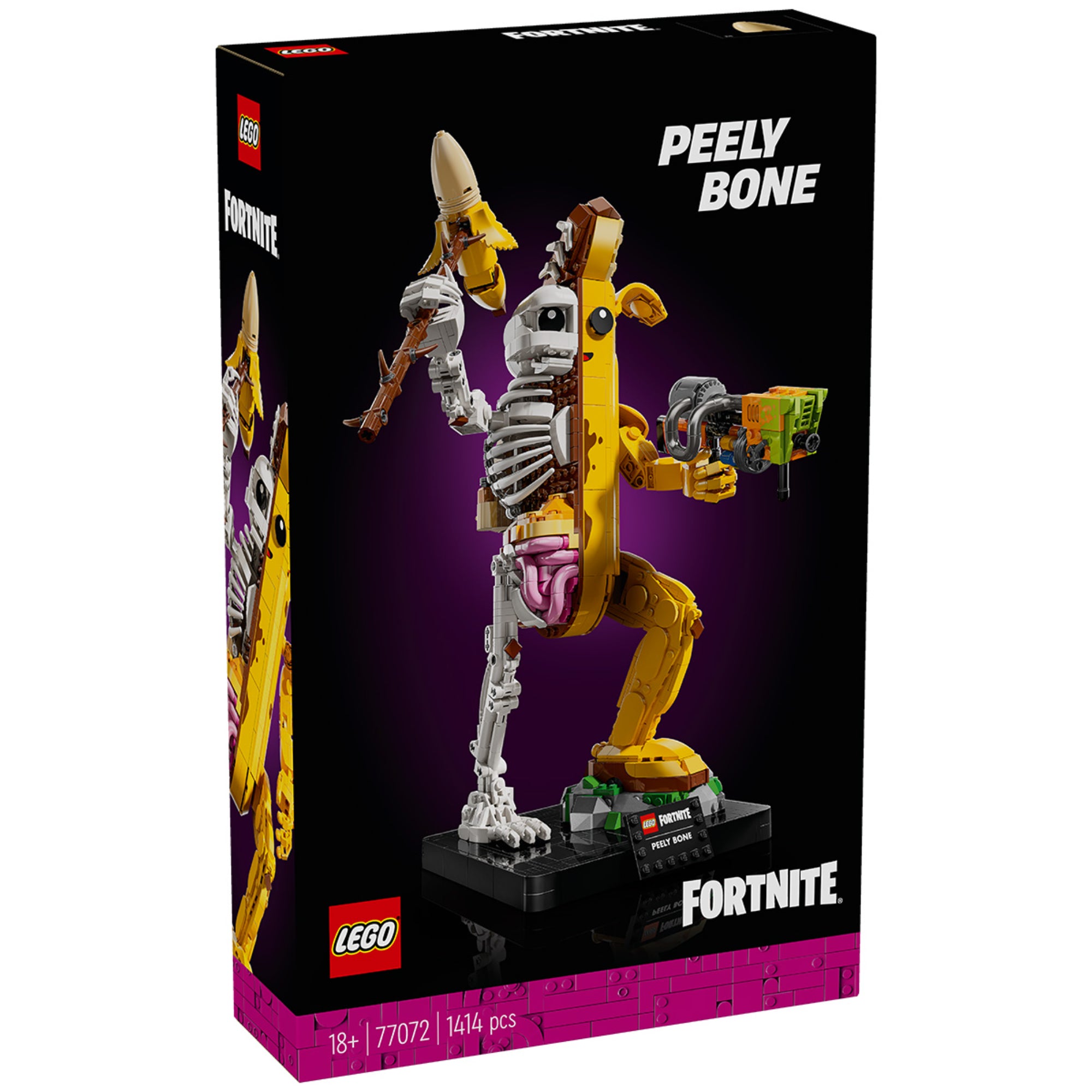A LEGO Fortnite Peely Bone (77072) készlet doboza elölről látható, rajta a részletesen kidolgozott Peely Bone figura pózol lilás-fekete háttér előtt. A doboz alján a LEGO és Fortnite logó, valamint az életkor-ajánlás (18+) és a darabszám (1414 elem) szerepel.