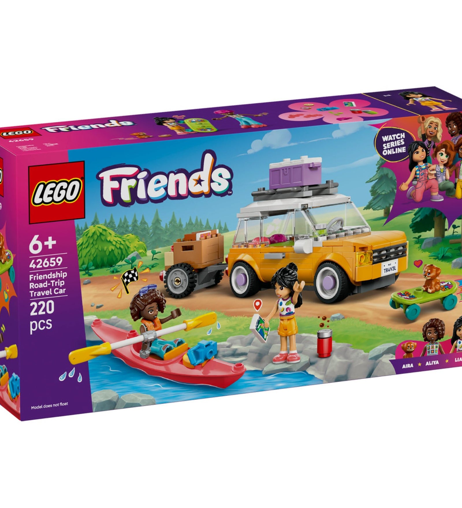 LEGO Friends 42659 dobozkép: egy narancssárga utazóautóval, kajakkal, utánfutóval és három karakterrel – Aira, Aliya és Liann – barátságos kalandjelenetben.