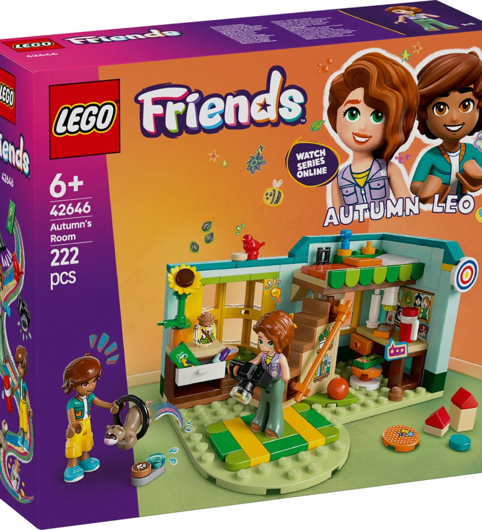 A LEGO Friends Autumn szobája 42646 doboz képe, melyen látható Autumn és Leo mini figurája, egy borz figura, valamint a szoba és a játszótér színes részletei.