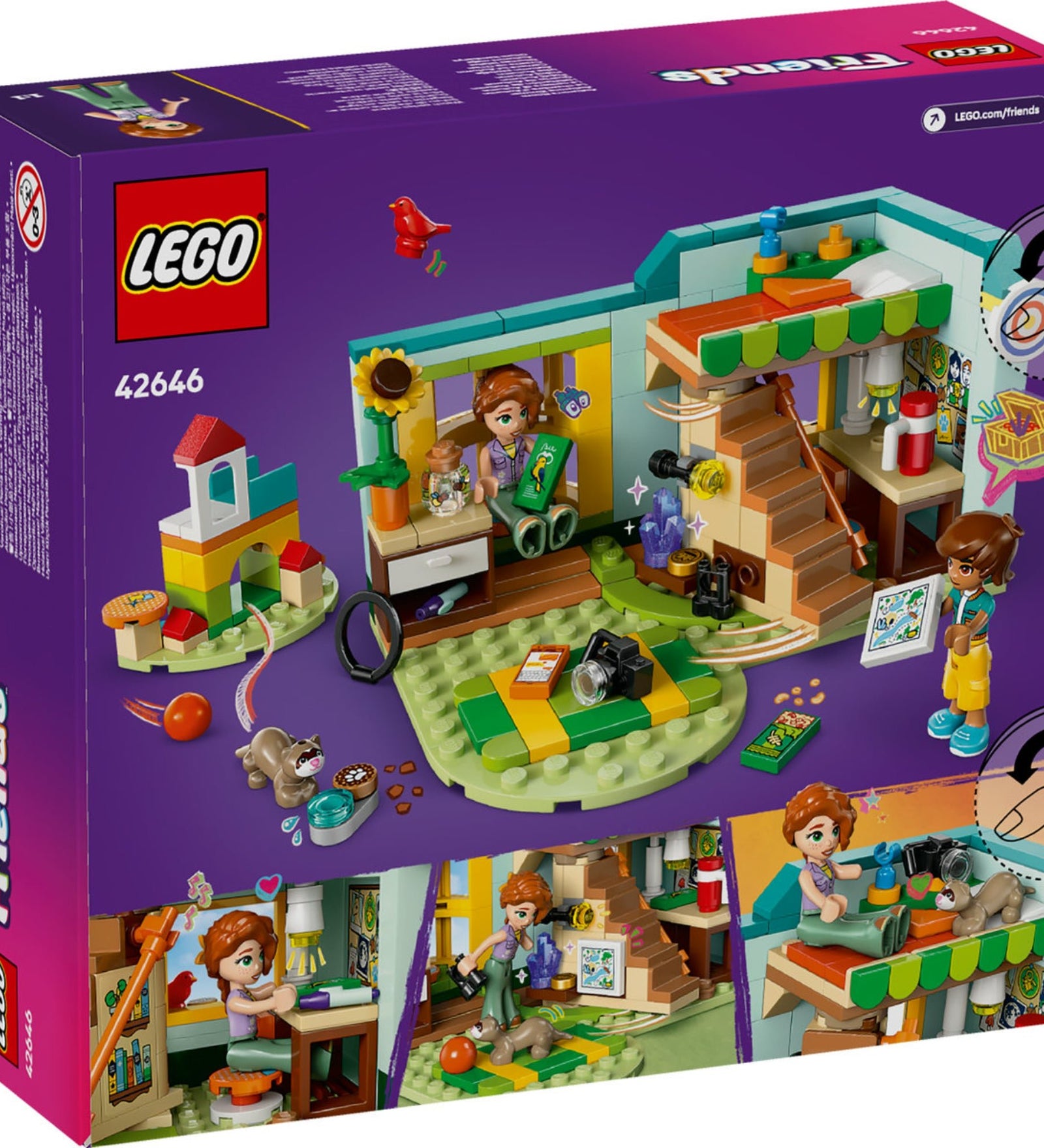 A LEGO Friends Autumn szobája 42646 szett hátoldala, amely bemutatja a szoba és a játszótér részletes belső elemeit, Autumn és Leo figuráival, valamint a borz és madár figurákkal. Láthatóak a színes játékok, lépcső, fényképezőgép, napraforgó, madáreleség, valamint Autumn kedvenc kiegészítői és dekorációi.